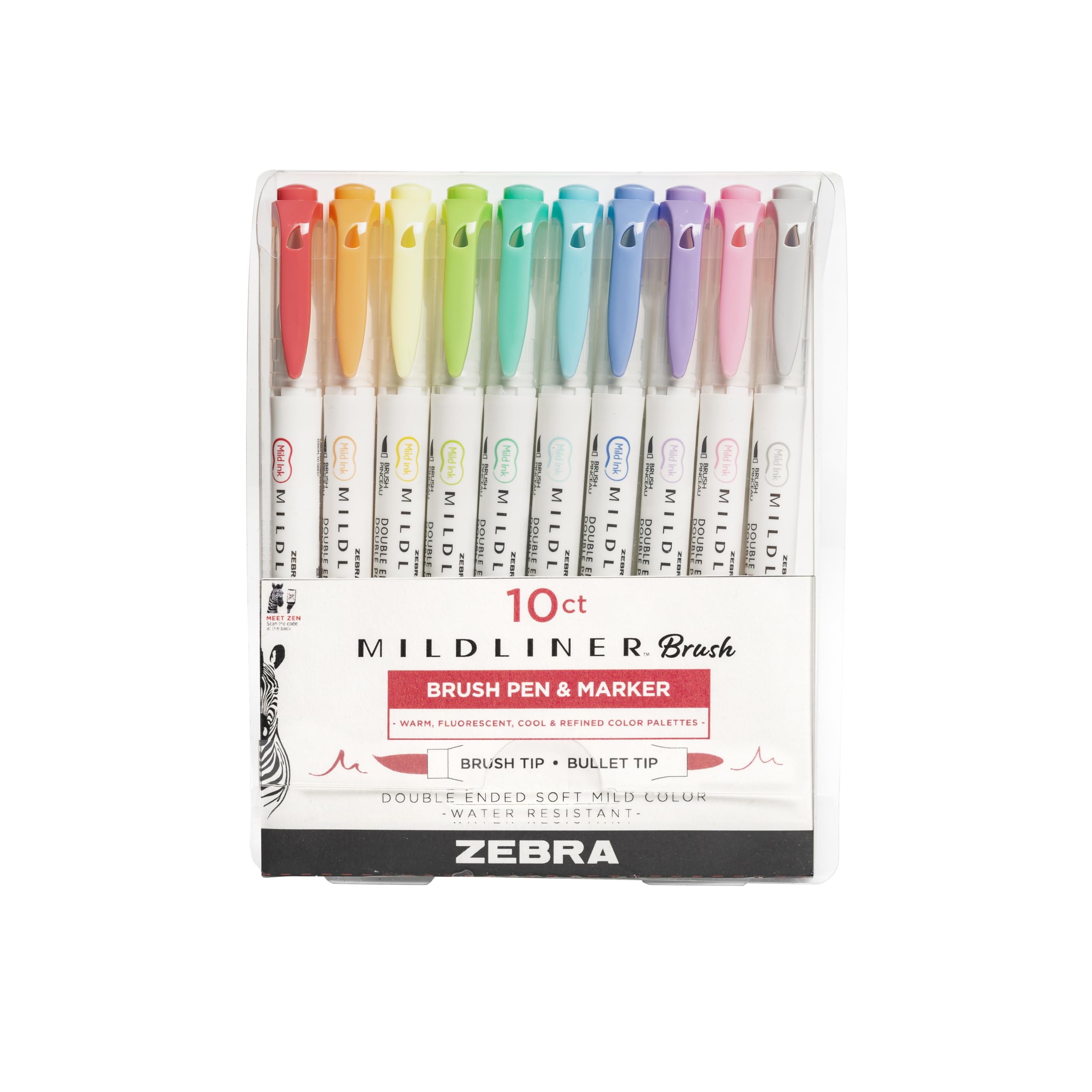 Zebra Pen Mildliner Brush Marker, Double Ended Brush And Fine Tip Pen, Assorted Soft Colors, 10 Pack