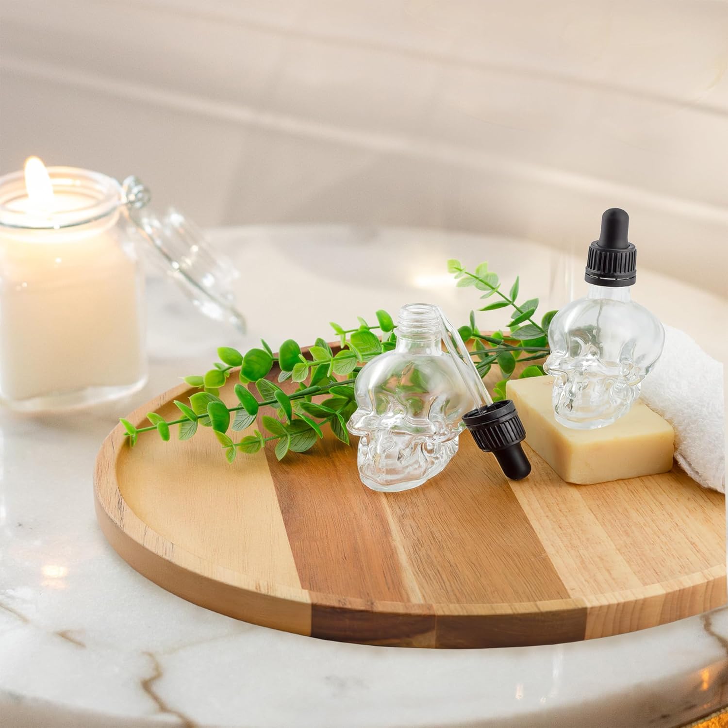 Cornucopia Skull Glass Dropper Bottles (2-Pack, 2oz, Clear); Bitter Flavor Tattoo and Beard Oil Dispenser