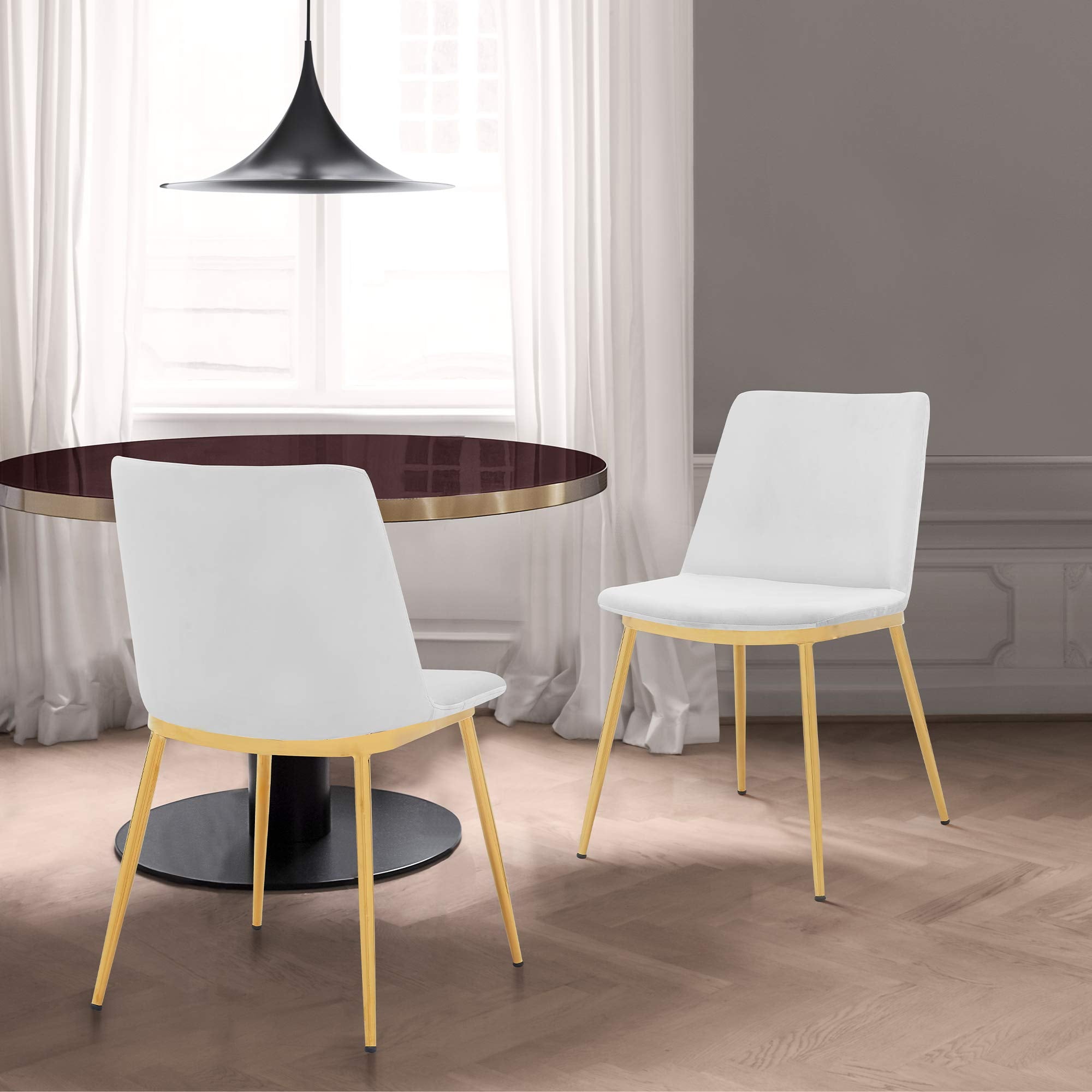 Armen Living Messina Modern Velvet And Gold Metal Leg Dining Room Chairs-Set Of 2, White