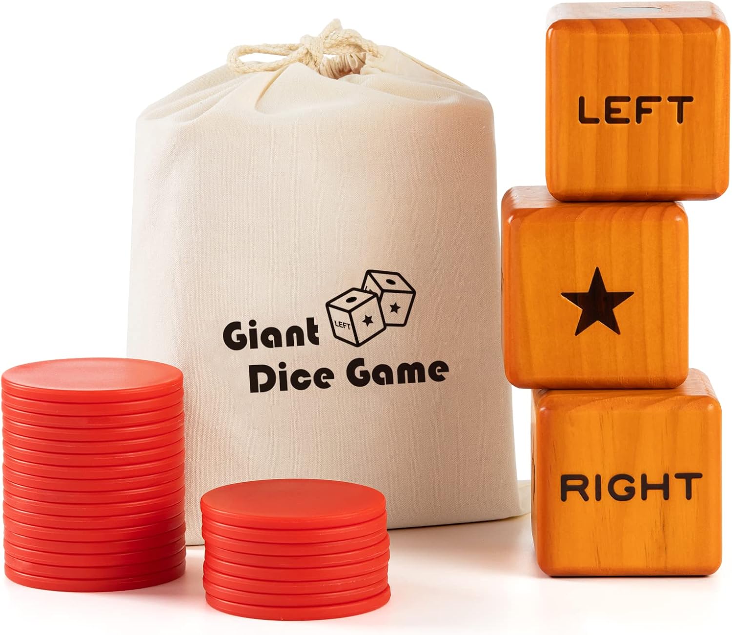 Crobyi Giant Right Center Left Dice Game with 24 Large Chips & Carry Bag. 3.5" Giant Wooden Outdoor & Lawn Dice Game for Family.