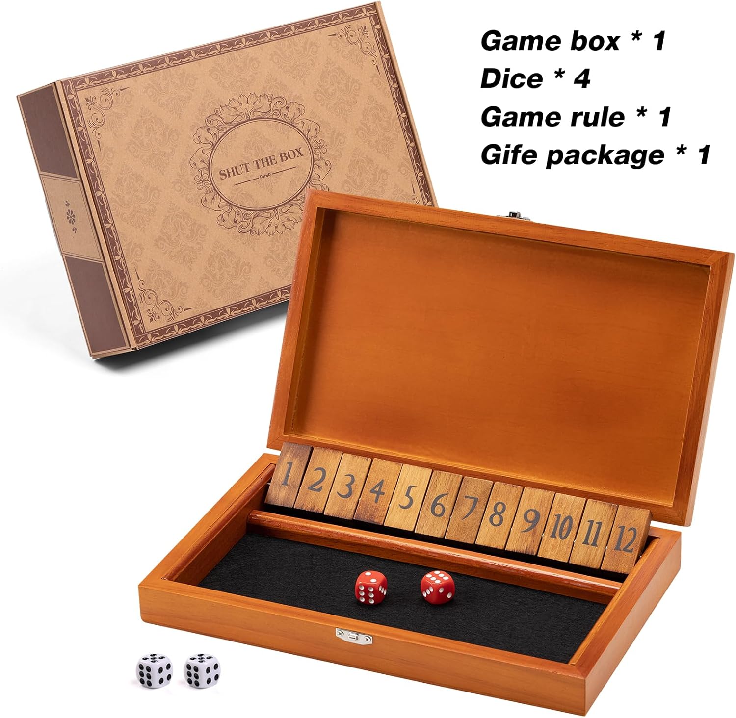 Crobyi Shut The Box Dice Game with 12 Numbers and Lid, Wooden Classic Board Game with 4 Dice, Gift Package & Shut-The-Box Rules, Close The Box Gam for Kids, Adults, Family, Classroom, Home & Pub
