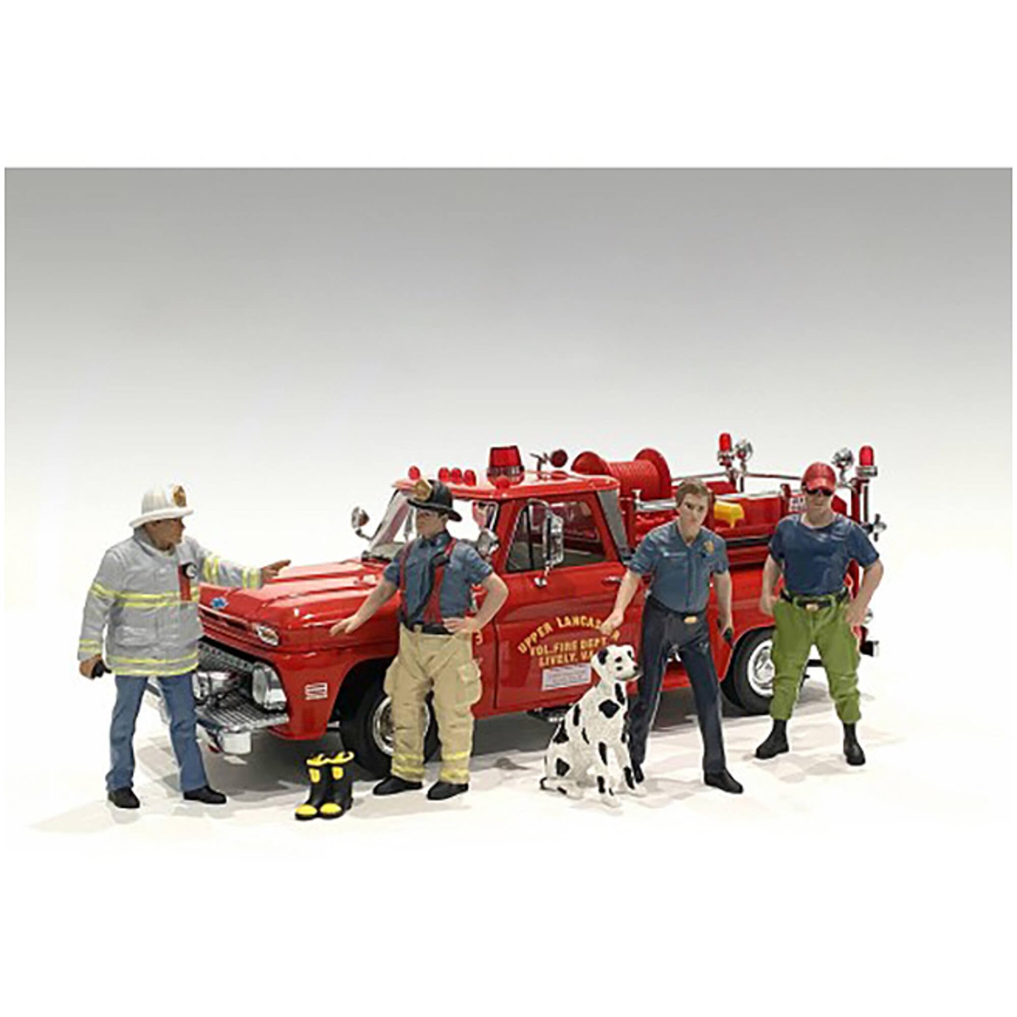 American Diorama Firefighters 6 Piece Figure Set (4 Males, 1 Dog, 1 Accessory) For 1/18 Scale Models 76318-76319-76320-76321