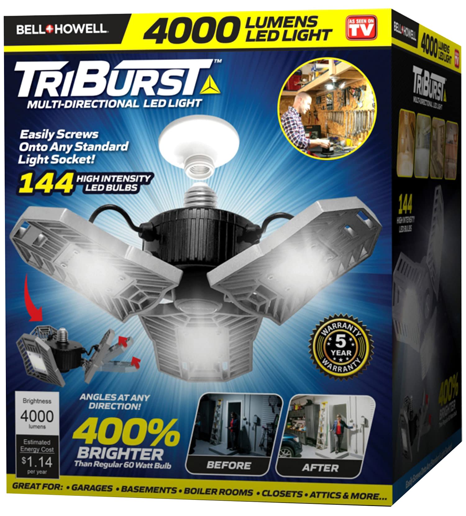 Triburst By Bell+Howell Led Garage Light High Intensity Lighting With 144 Led Bulb Deformable Garage Lighting Multi-Directional 