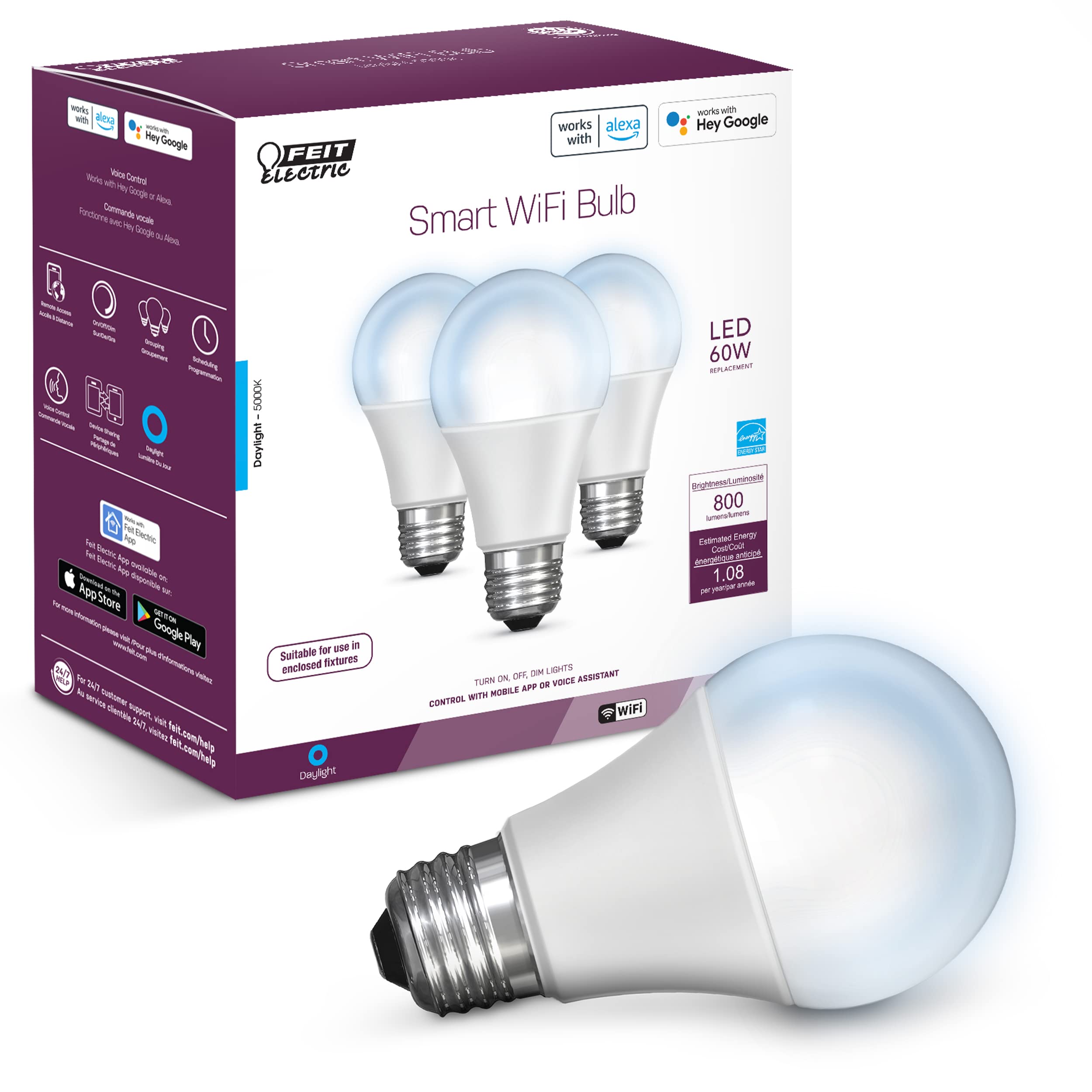 Feit Electric Smart Light Bulbs, 2.4Ghz Wifi Light Bulbs, No Hub Needed, Works With Alexa And Google, Dimmable 60 Watt = Led 9W,