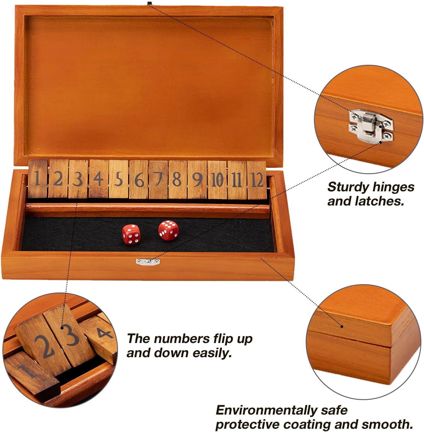 Crobyi Shut The Box Dice Game with 12 Numbers and Lid, Wooden Classic Board Game with 4 Dice, Gift Package & Shut-The-Box Rules, Close The Box Gam for Kids, Adults, Family, Classroom, Home & Pub