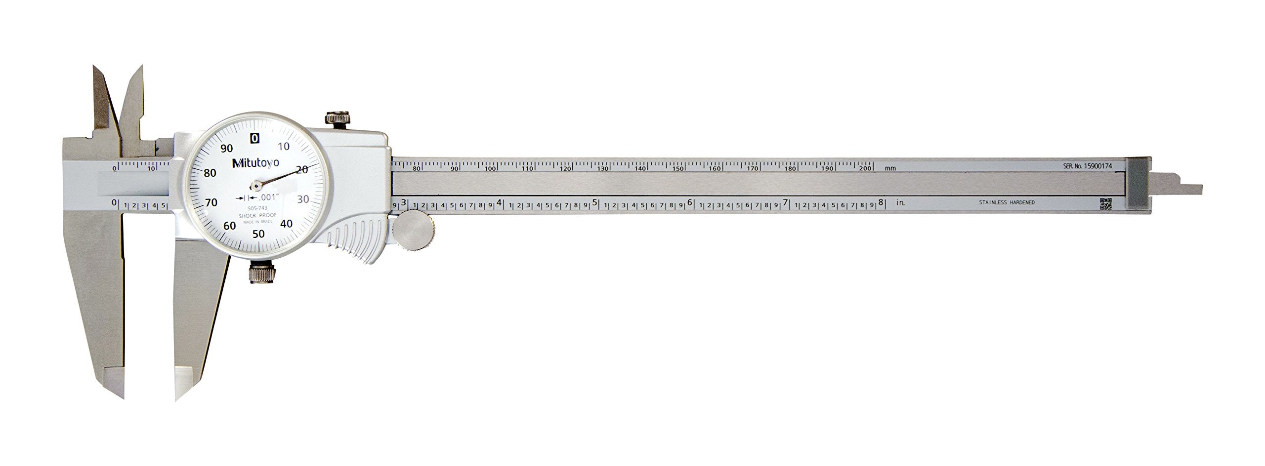 Mitutoyo 505-743 Dial Caliper, 0.1'' Per Rev, 0-8'' Range, 0.001'' Accuracy