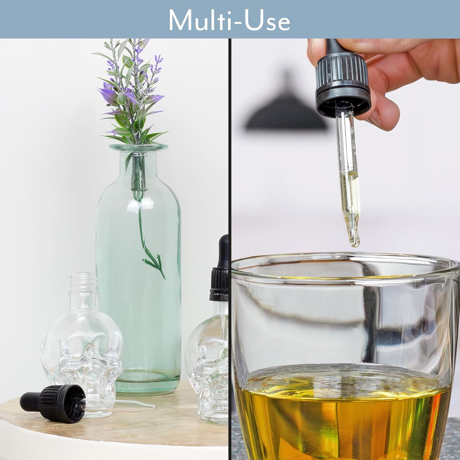 Cornucopia Skull Glass Dropper Bottles (2-Pack, 2oz, Clear); Bitter Flavor Tattoo and Beard Oil Dispenser