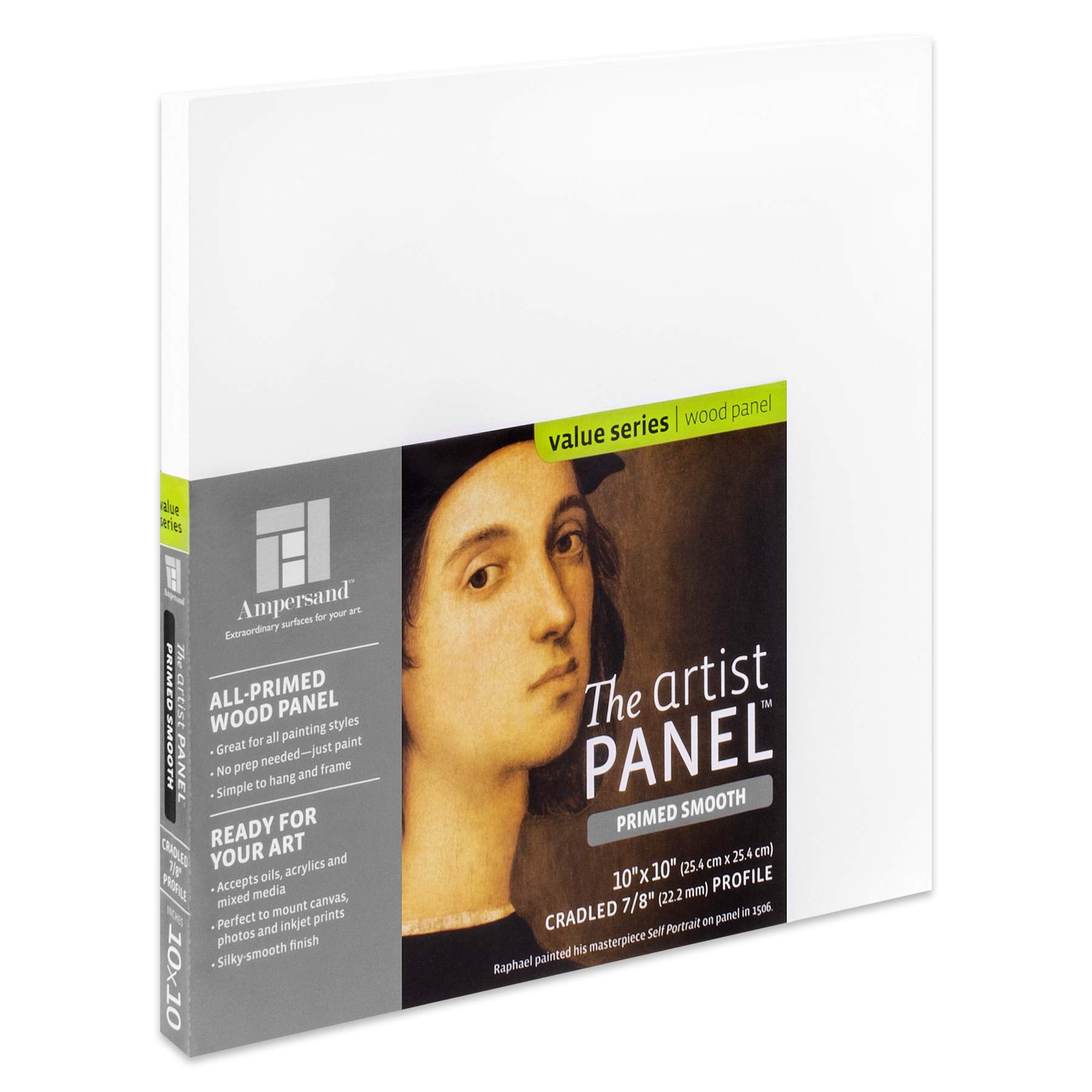 Ampersand Art Supply Wood Gesso Artist Painting Panel: Primed Smooth, 10'' X 10'', 7/8'' Cradled Profile
