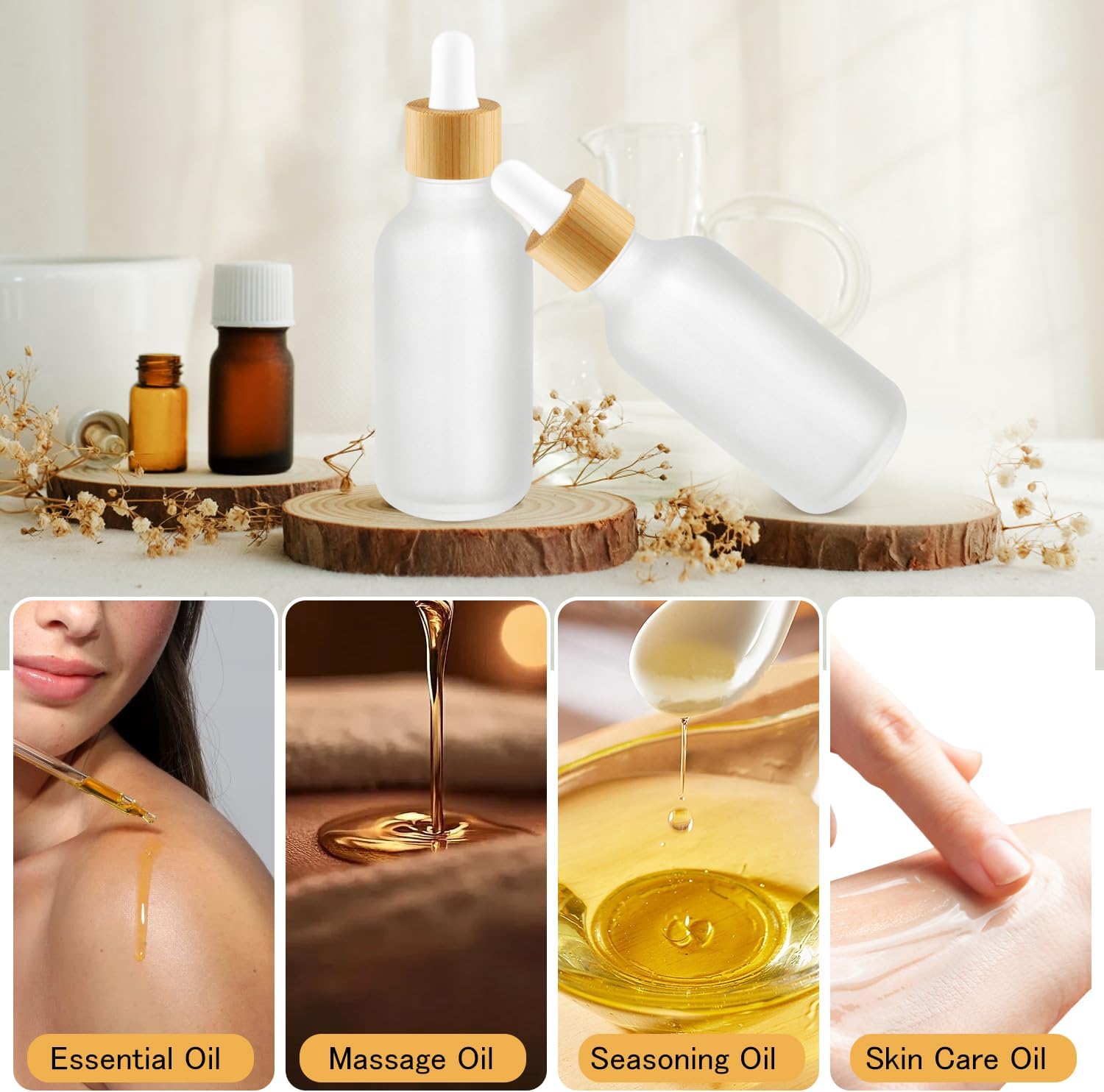 Cositina 12 Pcs Frosted Glass Dropper Bottle Refillable Essential Oil Container Jars with Eye Dropper & Bamboo Lids for Perfume Sample Cosmetic Liquid Travel - 60ml/2oz