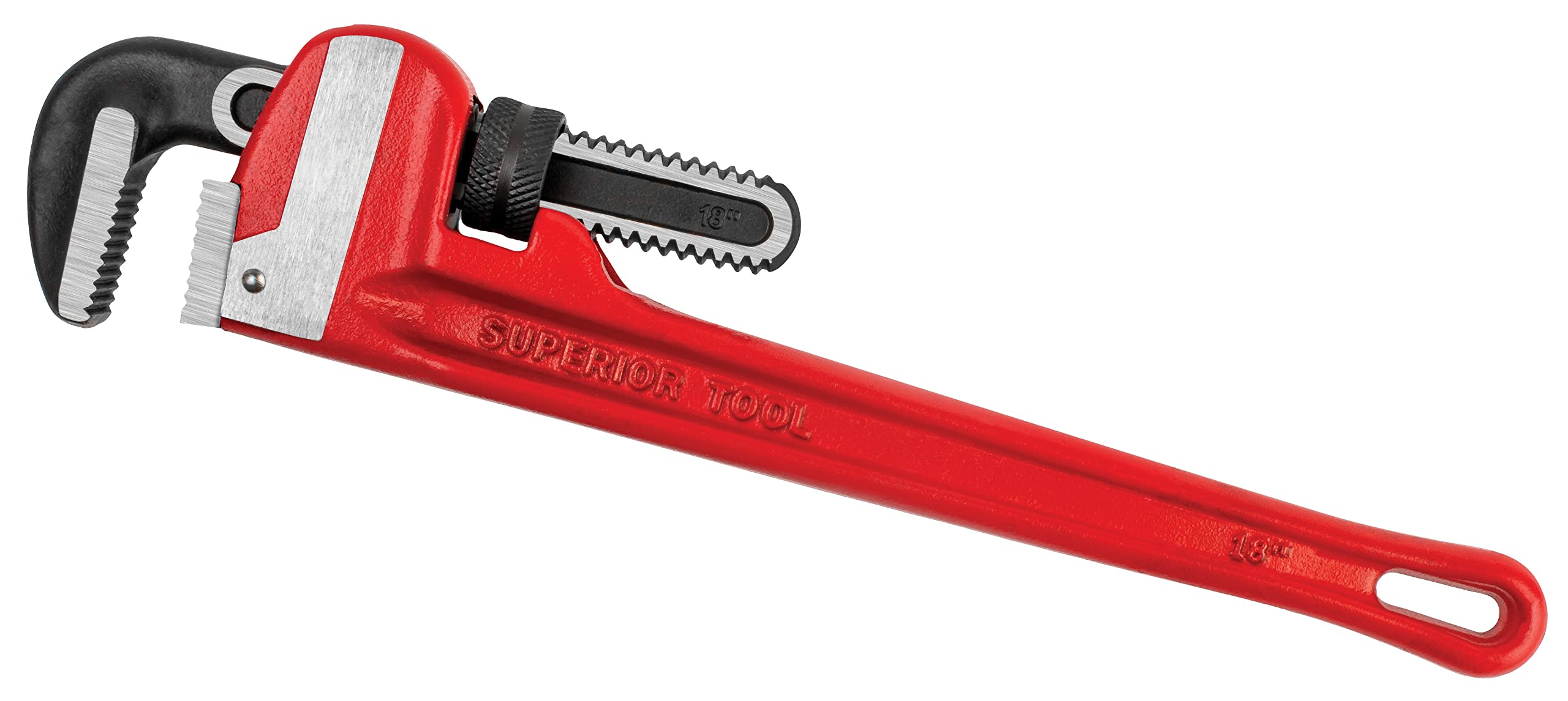 Superior Tool 02818 Heavy Duty Straight Cast-Iron Handled Pipe Wrench 2-1/2 Inch, Eighteen Inch Pipe Wrench With Two And A Half 
