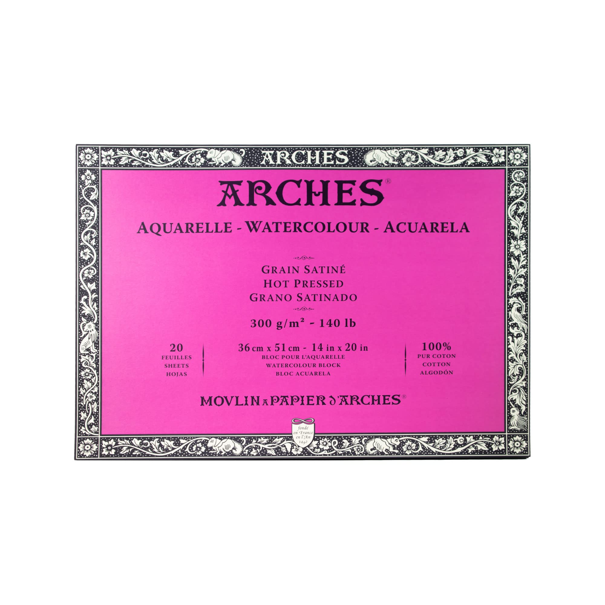 Arches Watercolor Block 14X20-Inch Natural White 100% Cotton Paper - 20 Sheets Of 140 Lb Arches Hot Press Watercolor Paper - Arc