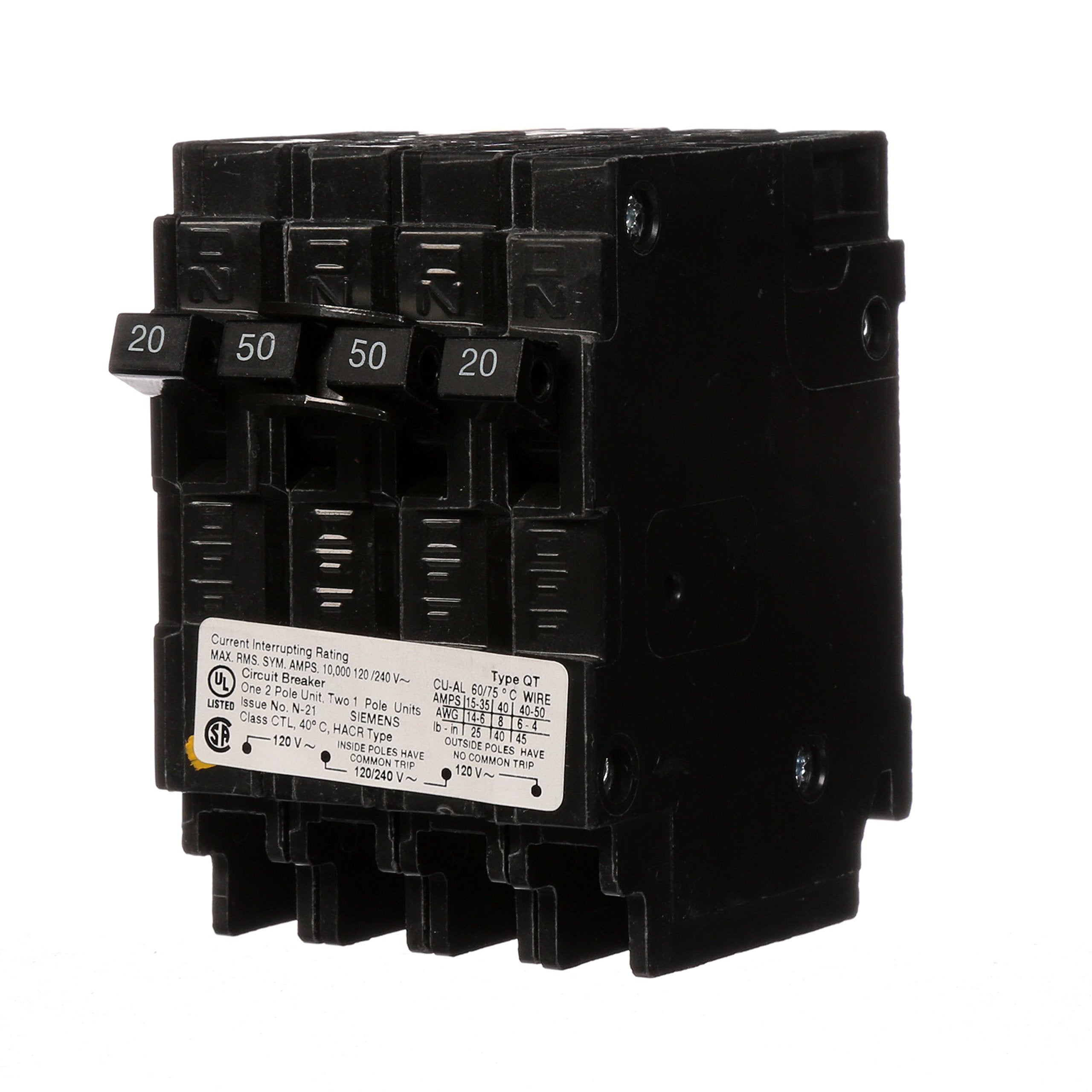 Siemens Q22050Ct 50 Double Two 20-Amp Single Pole Circuit Breaker, Color