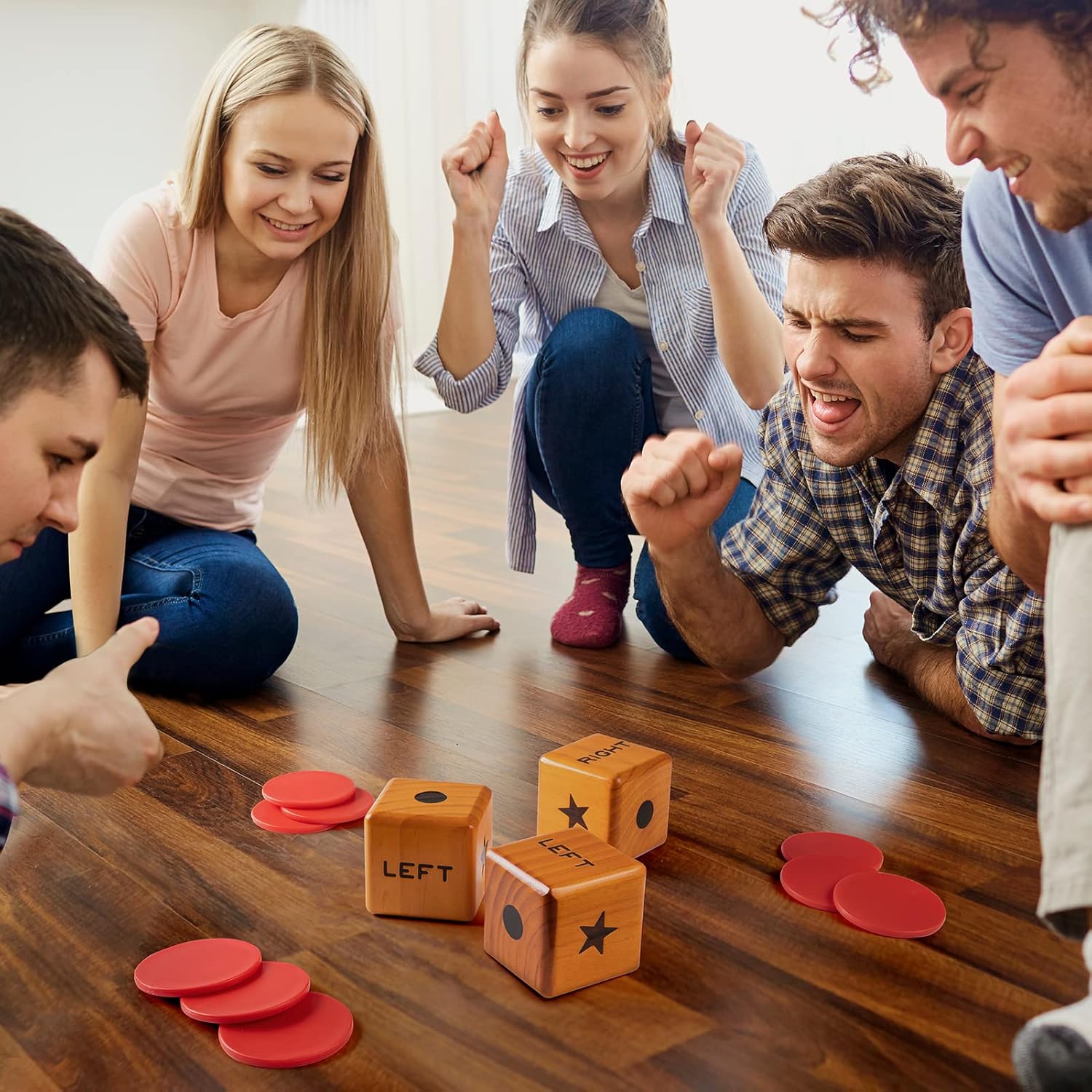 Crobyi Giant Right Center Left Dice Game with 24 Large Chips & Carry Bag. 3.5" Giant Wooden Outdoor & Lawn Dice Game for Family.