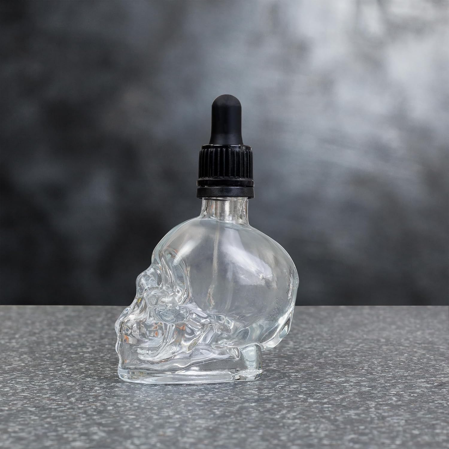 Cornucopia Skull Glass Dropper Bottles (2-Pack, 2oz, Clear); Bitter Flavor Tattoo and Beard Oil Dispenser