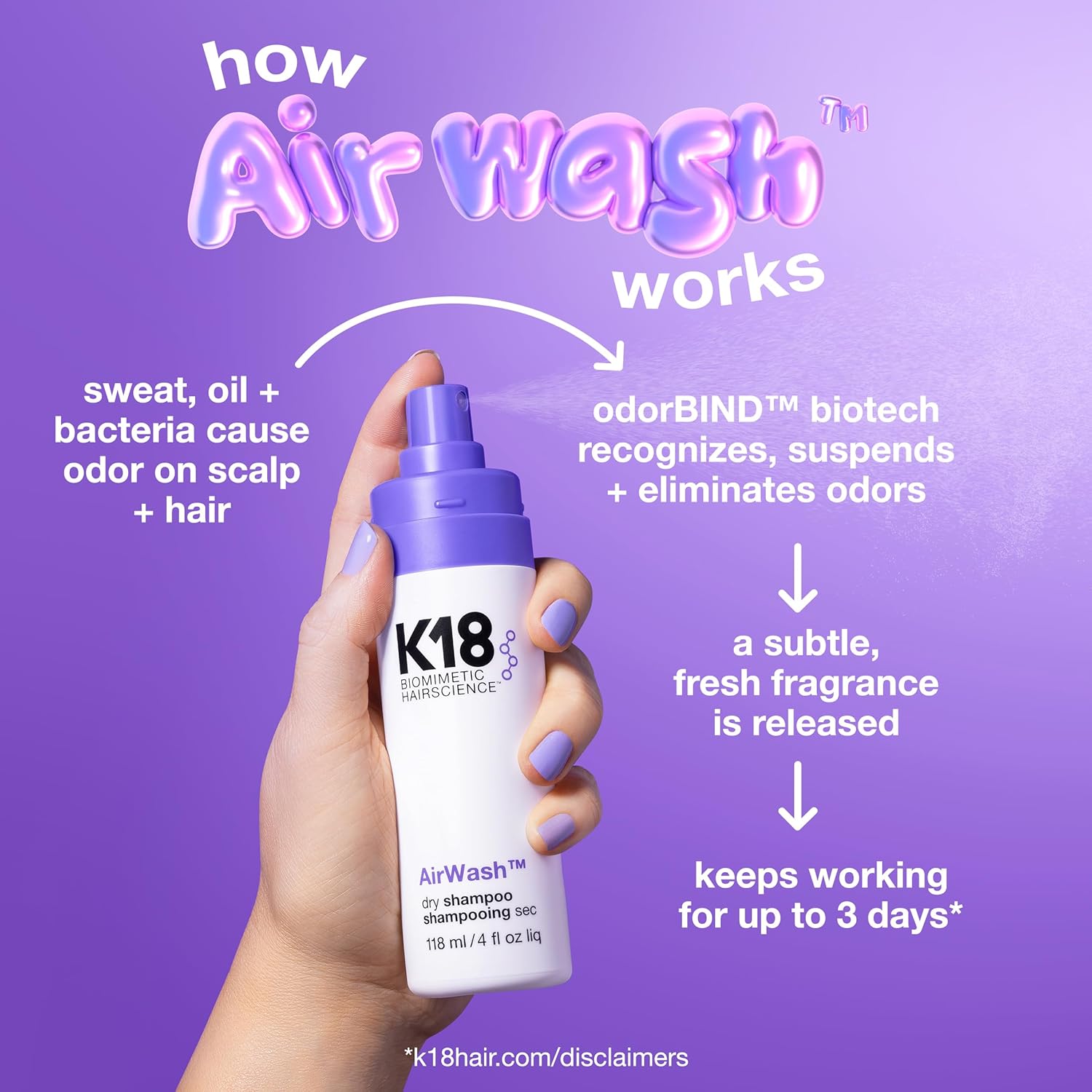 K18 AirWash™ Dry Shampoo, Non-Aerosol, Balances Scalp & Controls Excess Oil Production