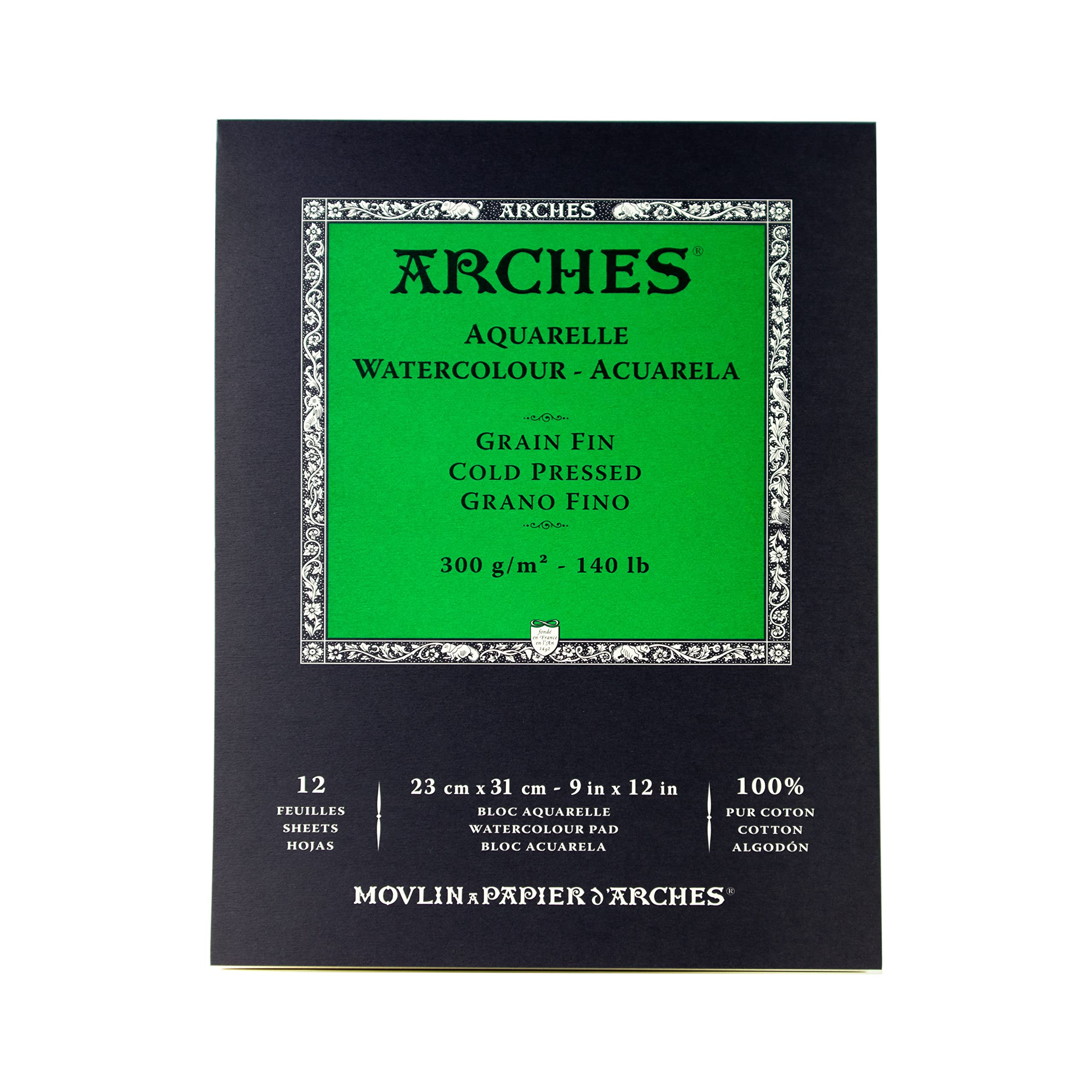 Arches Watercolor Pad 9X12-Inch Natural White 100% Cotton Paper - 12 Sheet Arches Watercolor Paper 140 Lb Cold Press Pad - Arche