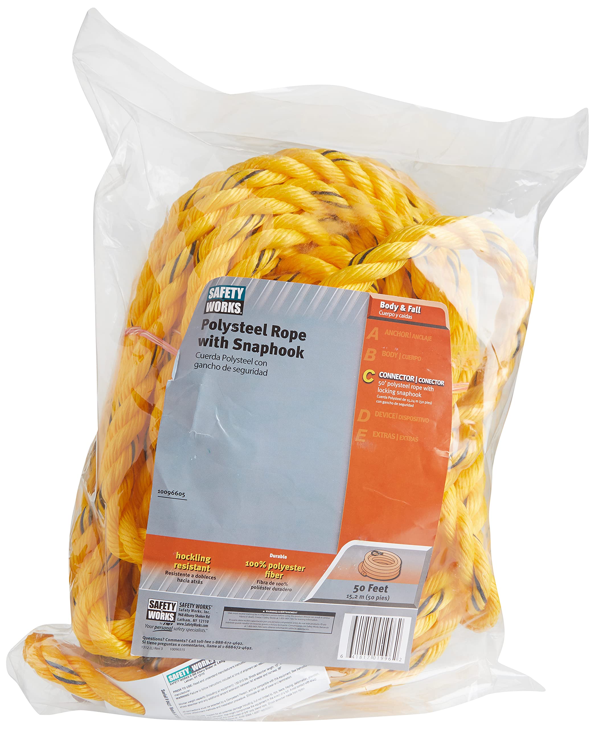 Safety Works 10096516 Rope Polysteel With Snaphook, 50-Foot