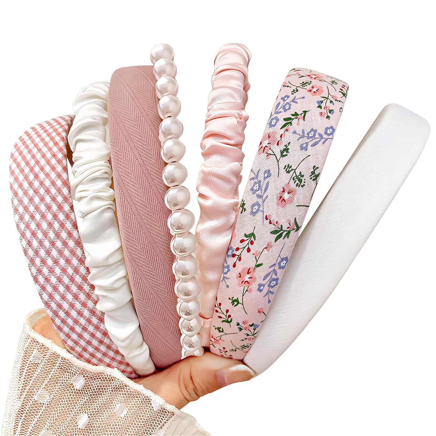 DOXISHRUKY Headbands for Women Girls, 7pc Set - Non Slip Floral Padded Headbands Cute Pearl Headband for Girls Vintage Wide Headband