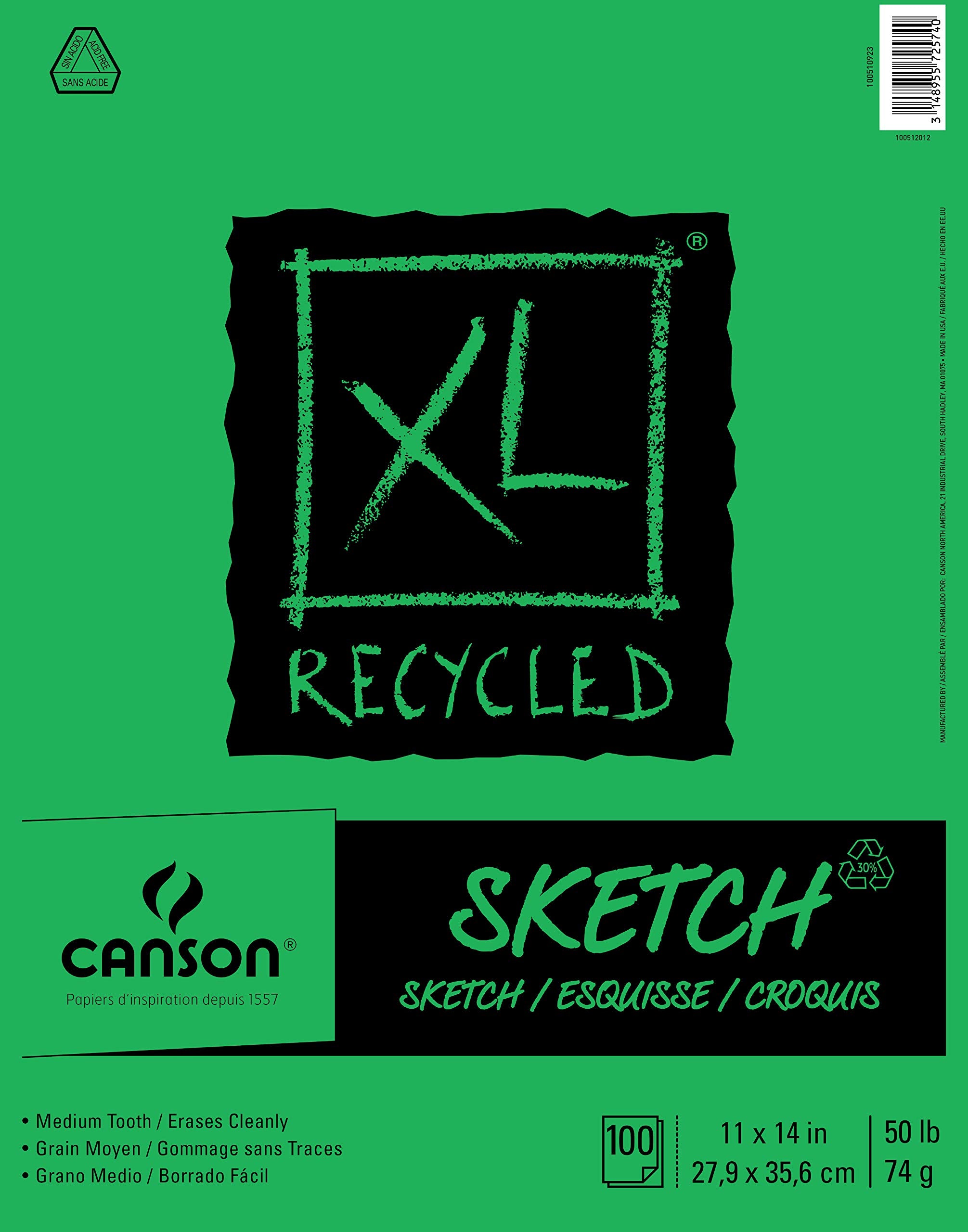 Canson Xl Series Recycled Sketch Pad, 11A X 14A, Fold-Over Cover, 100 Sheets (100510923)