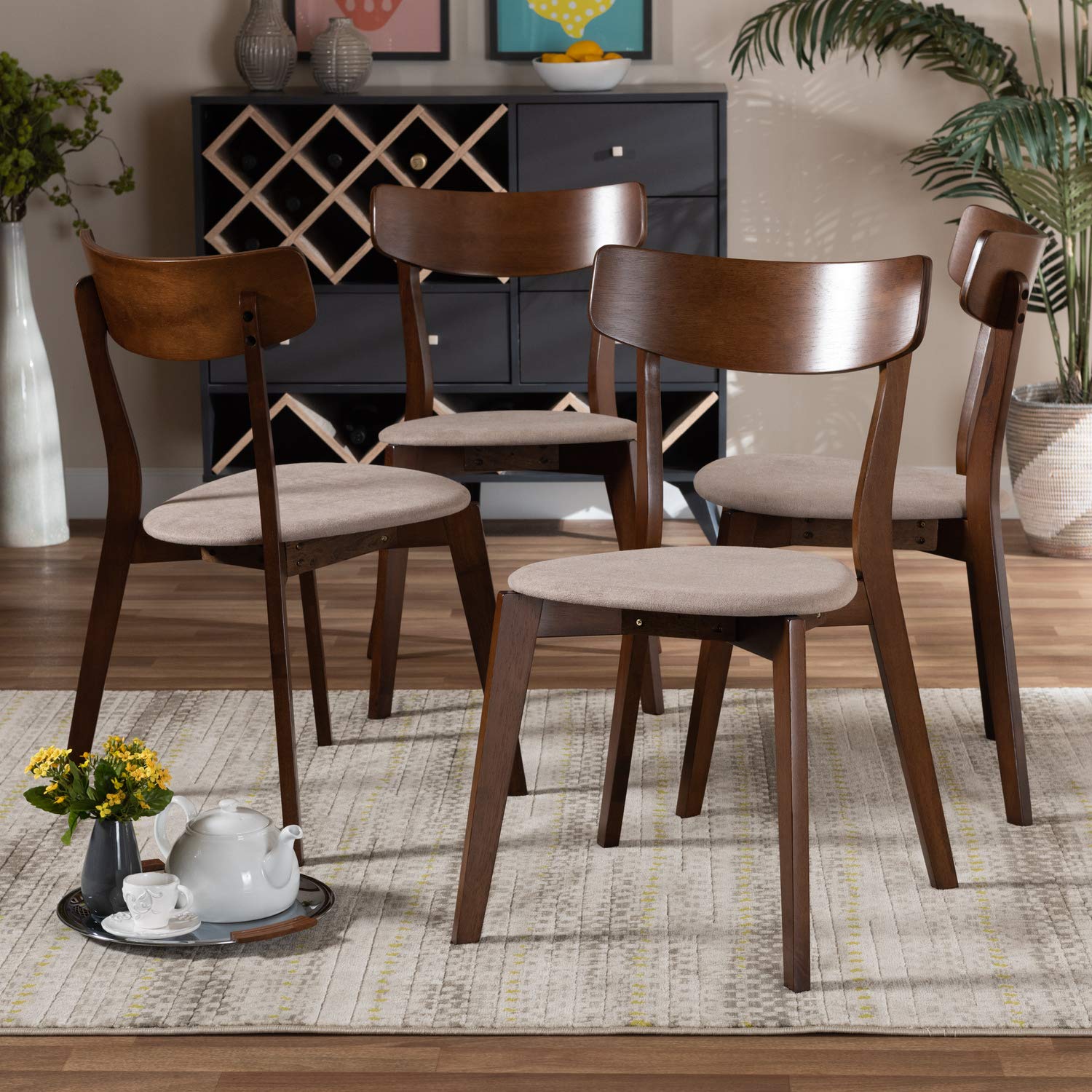 Baxton Studio Iora Mid-Century Modern Transitional Light Beige Fabric Upholstered And Walnut Brown Finished Wood 4-Piece Dining 
