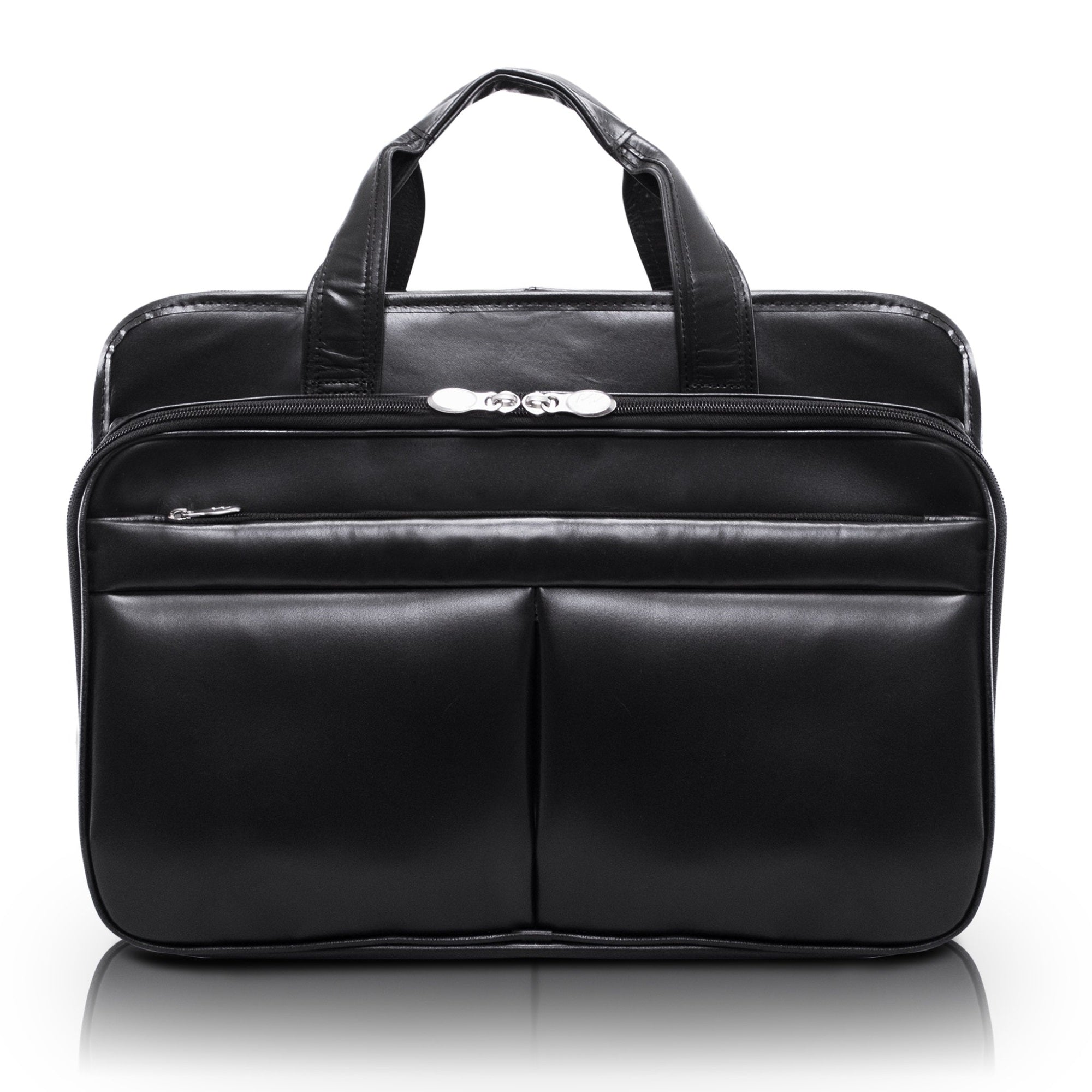 R Series | Walton | 17'' Leather Expandable Double Compartment Laptop Briefcase W/ Removable Sleeve - Black