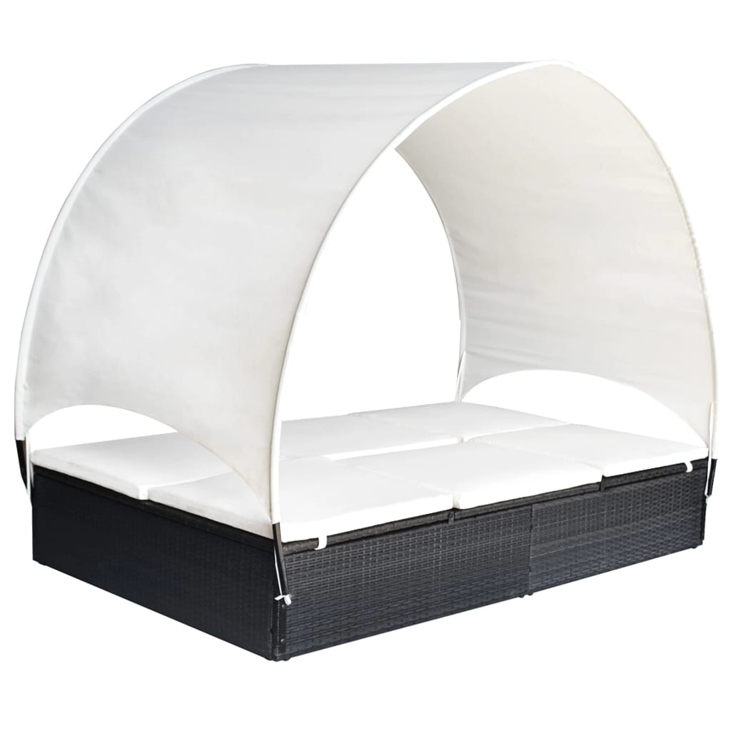 Vidaxl Double Sun Lounger With Canopy Poly Rattan Black