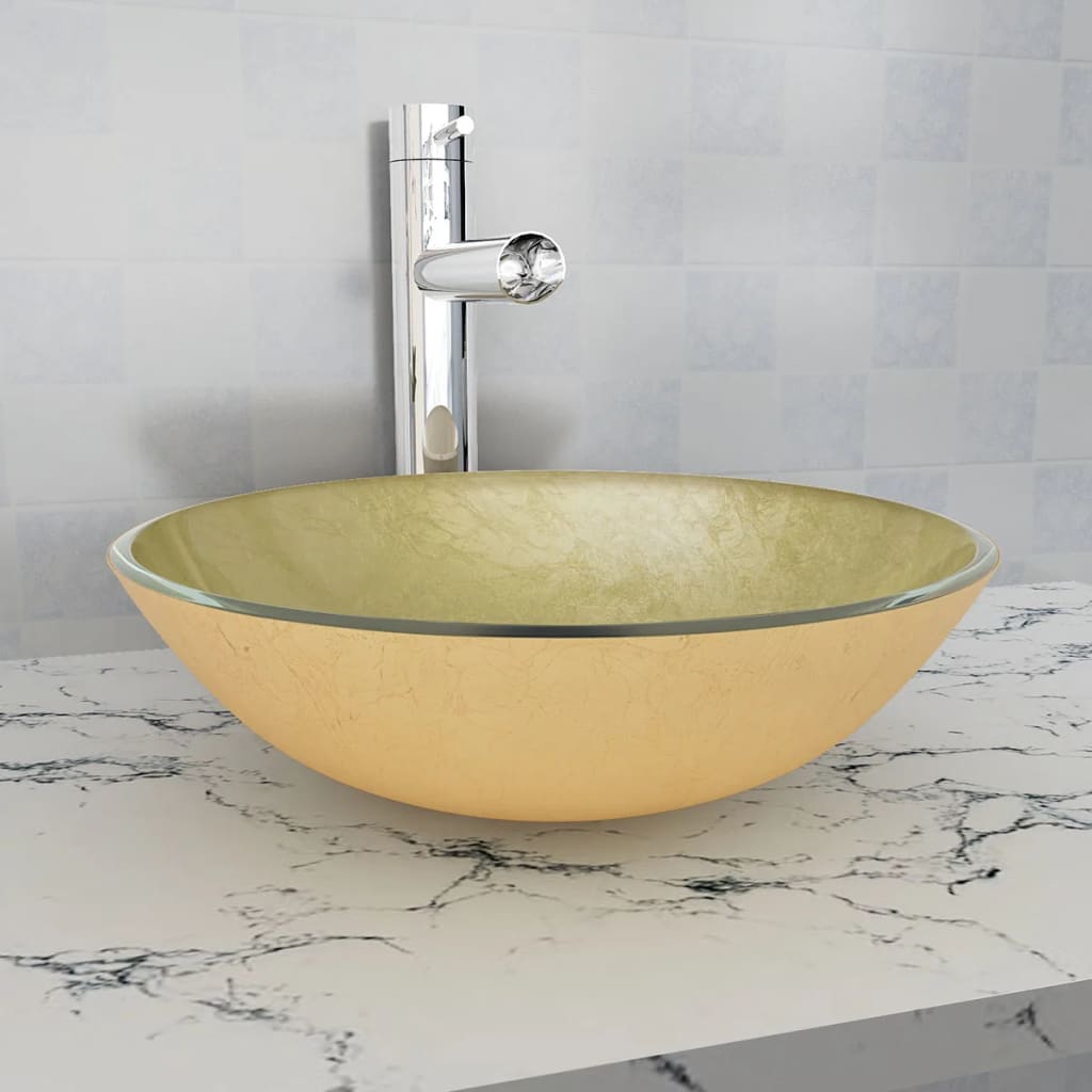 Vidaxl Basin Tempered Glass 16.5'' Gold