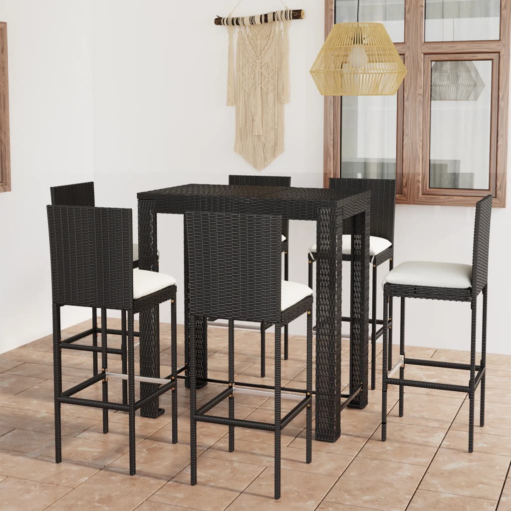 Vidaxl 7 Piece Patio Bar Set With Cushions Poly Rattan Black