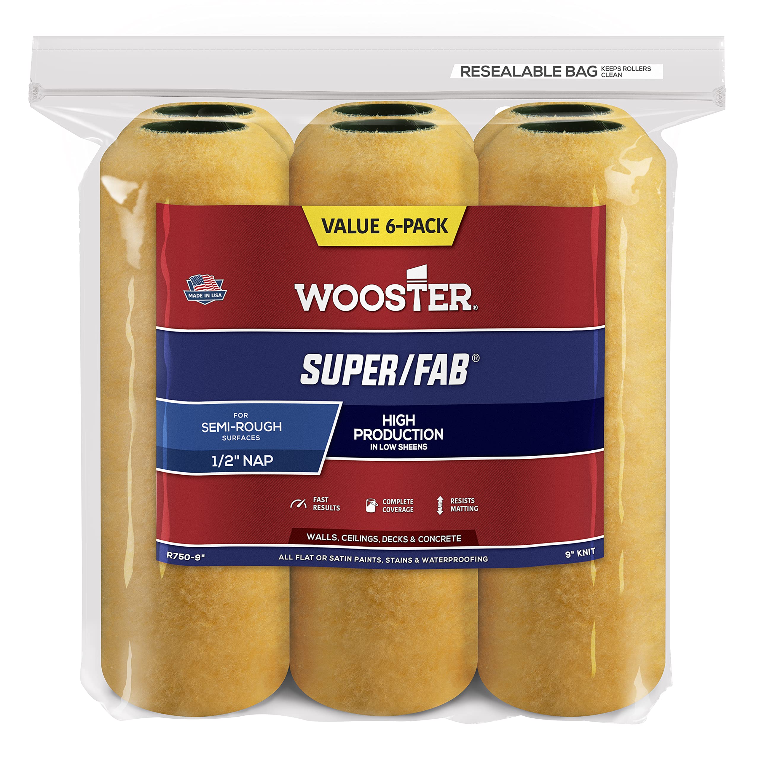 Wooster Brush R750-9 Super/Fab Roller Cover, 1/2-Inch Nap, 6-Pack , 9-Inch