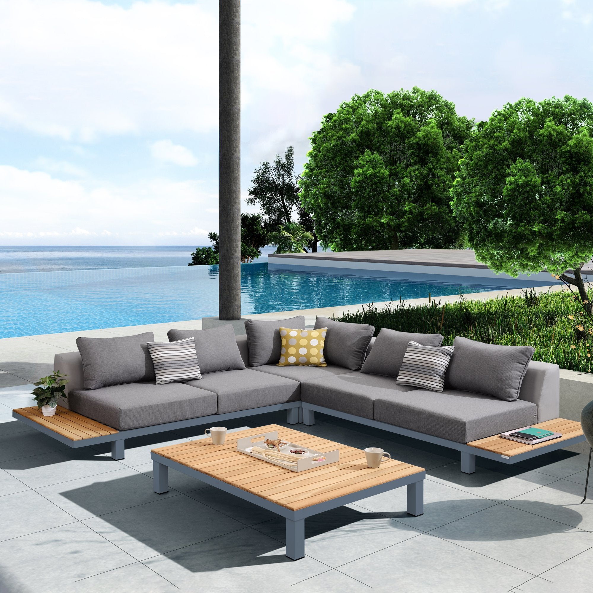 Armen Living Polo Outdoor Set In Dark Grey And Grey Powder Coat Finish
