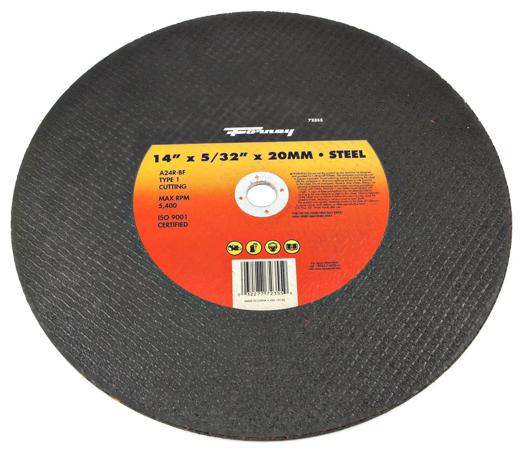 Forney 72355 Cut-Off Wheel, Type 1 High Speed Metal With 20-Millimeter Arbor, A24R-Bf, 14-Inch-By-532-Inch