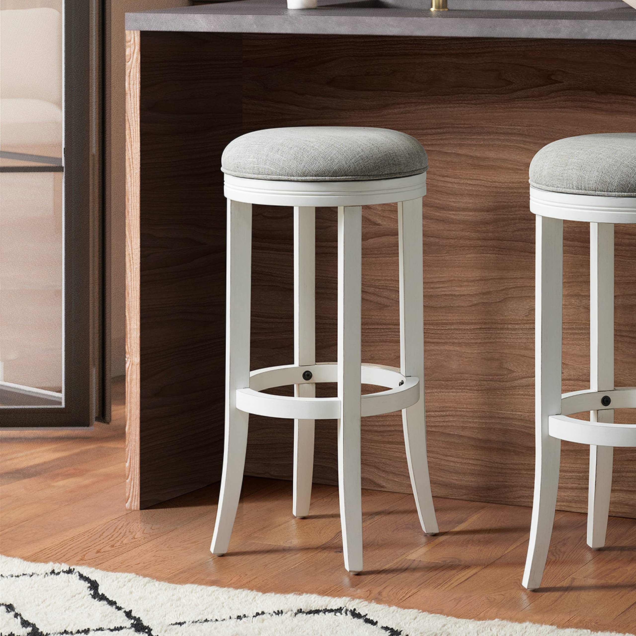 Nr Newridge Home Goods Avery 30In Bar-Height Wood Backless Barstool With Upholstered Grey Swivel Seat, White Frame