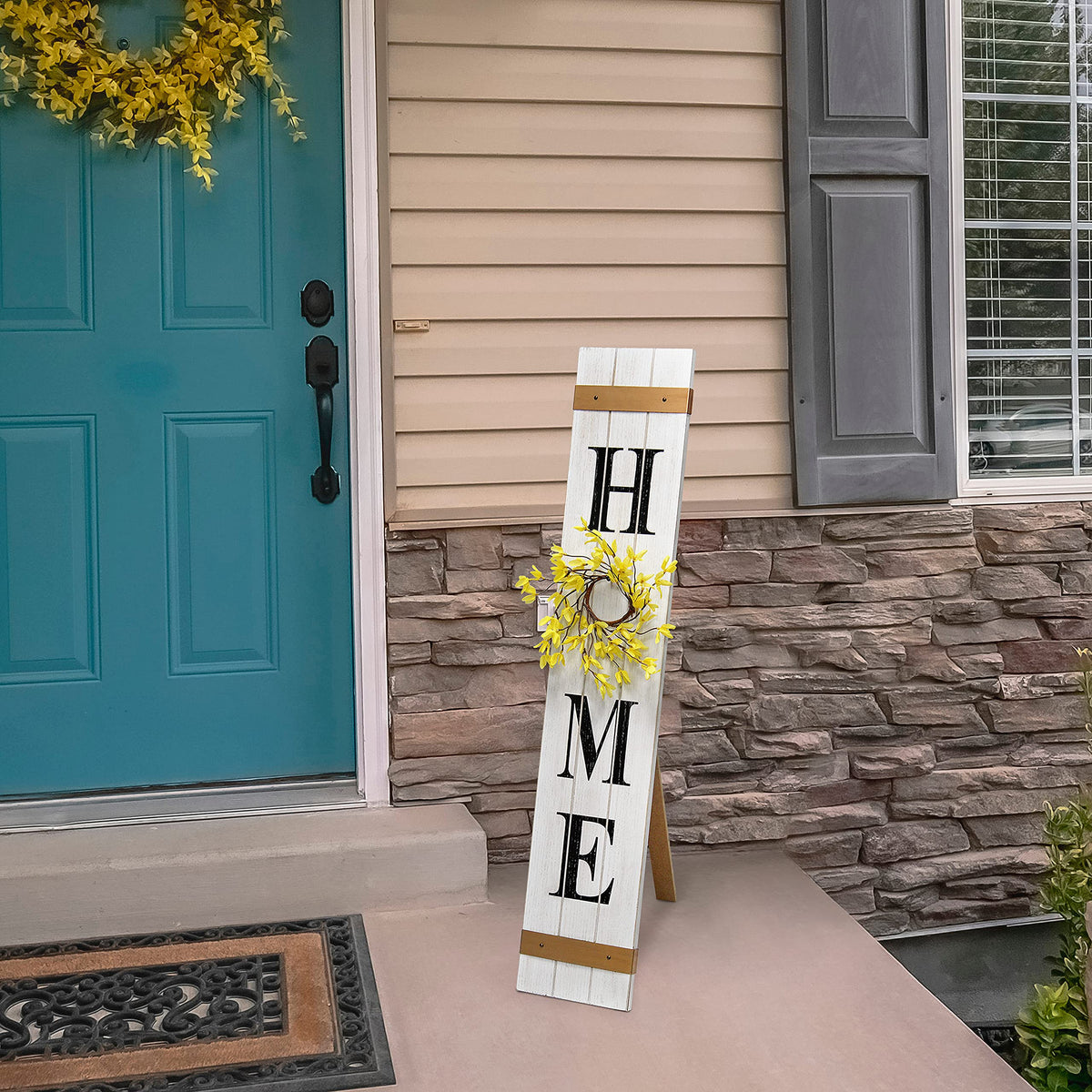 Elegant Designs Seasonal Wooden ''Home'' Porch Sign With 4 Interchangeable Floral Wreaths, White Wash
