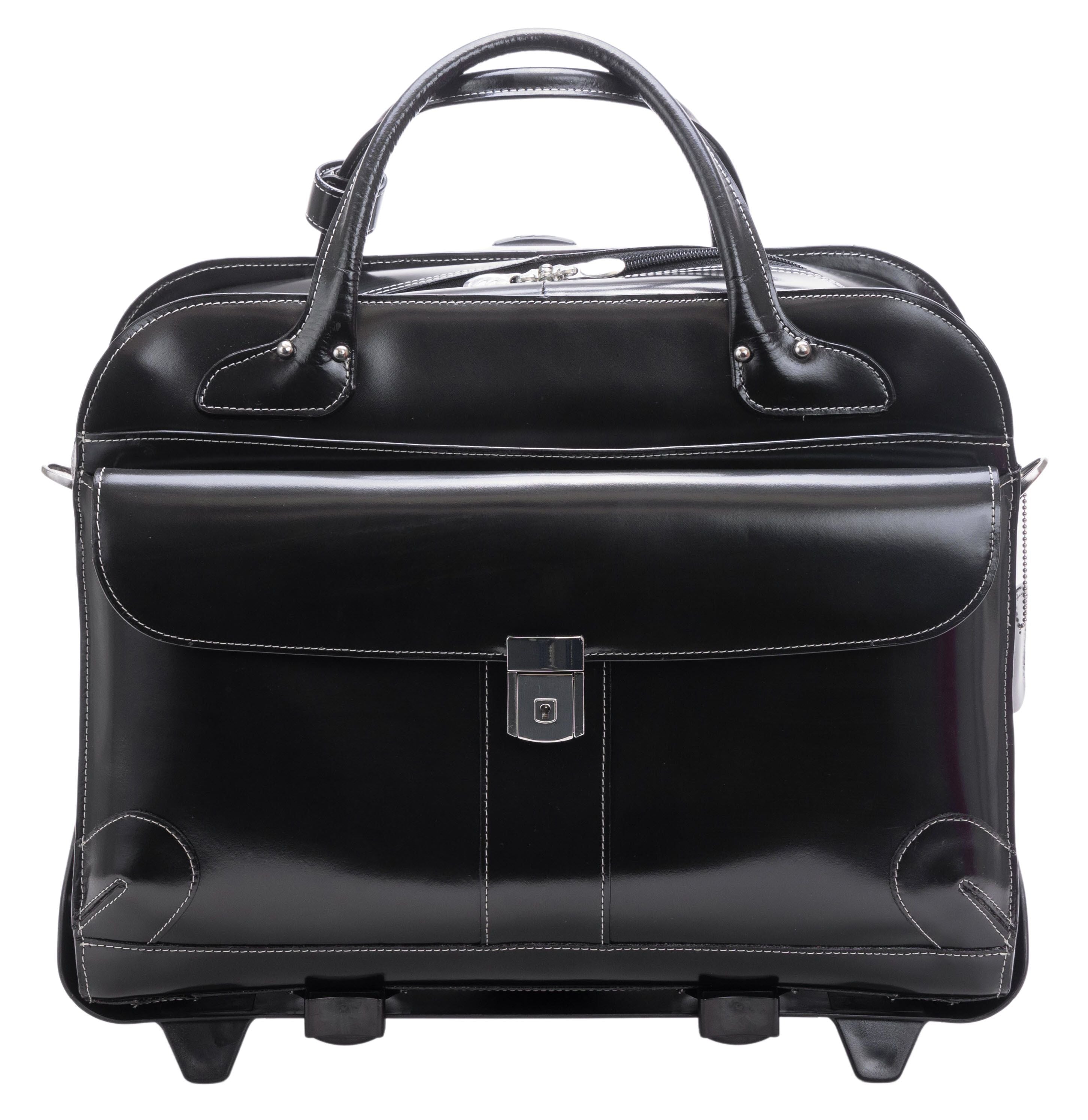W Series | Lakewood | 15'' Leather Fly-Through Checkpoint-Friendly Patented Detachable -Wheeled Ladies' Laptop Briefcase - Black