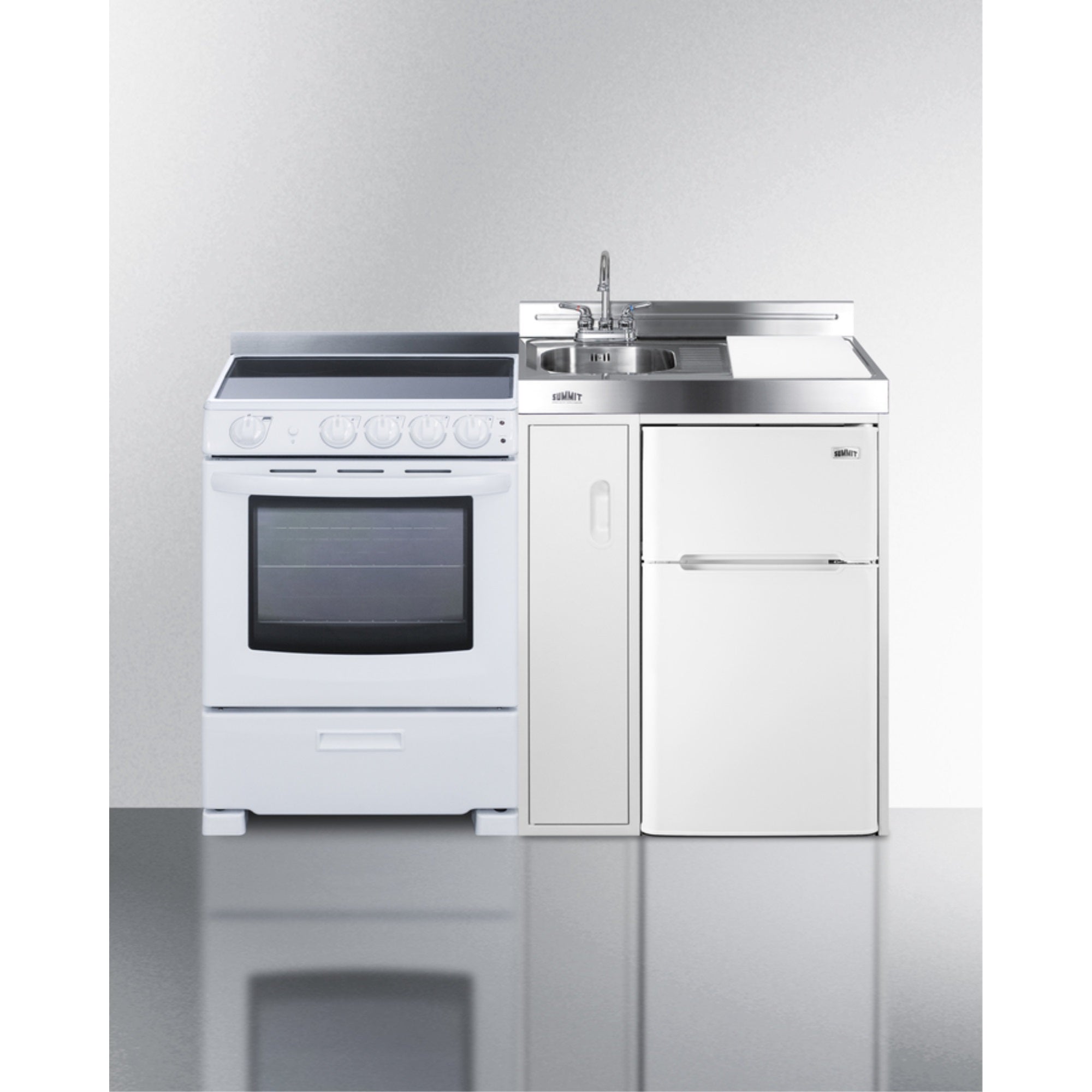 All-In-One Combination Kitchenette With Refrigerator-Freezer, Sink, Storage Cabinet, And Smooth-Top Range