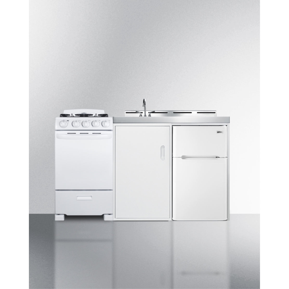 All-In-One Combination Kitchenette With Refrigerator-Freezer, Sink, Storage Cabinet, And Gas Range