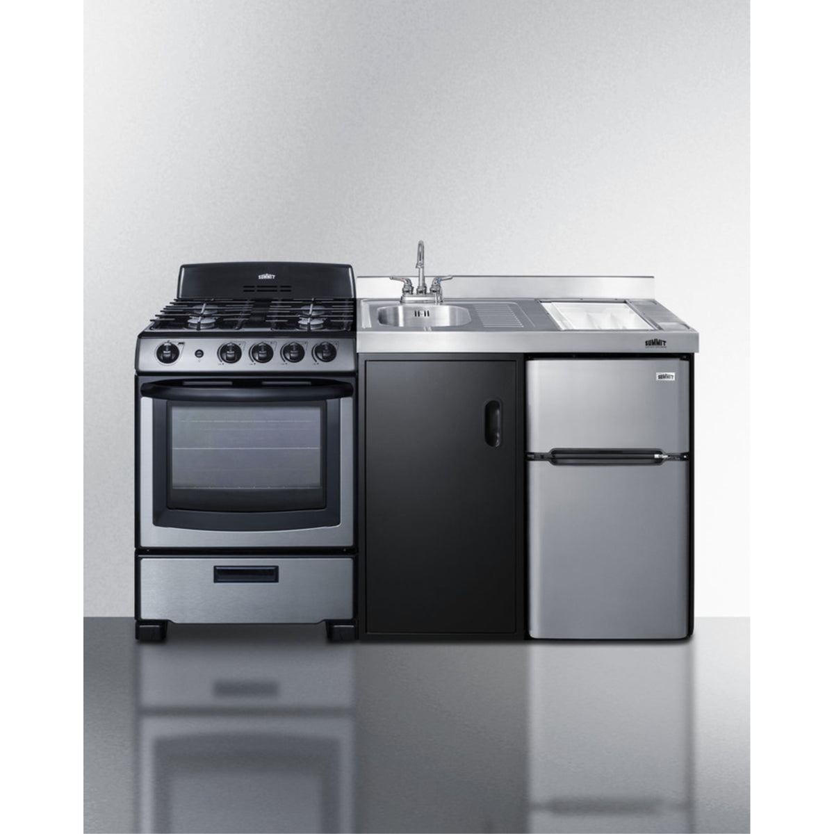 All-In-One Combination Kitchenette In Black With Refrigerator-Freezer, Sink, Storage Cabinet, And Stainlses Steel Gas Range