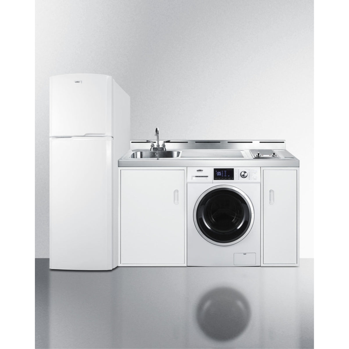 All-In-One Combination Kitchenette With Full-Sized Refrigerator-Freezer, 115V Combo Washer/Dryer, Sink, Storage Cabinet, And 2-B