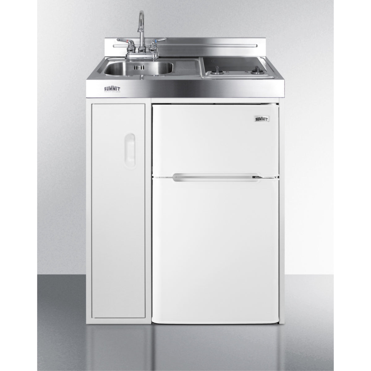 30'' Wide All-In-One Kitchenette With 2-Burner 115V Smooth-Top Cooktop, Refrigerator-Freezer, Sink, And Storage Cabinet