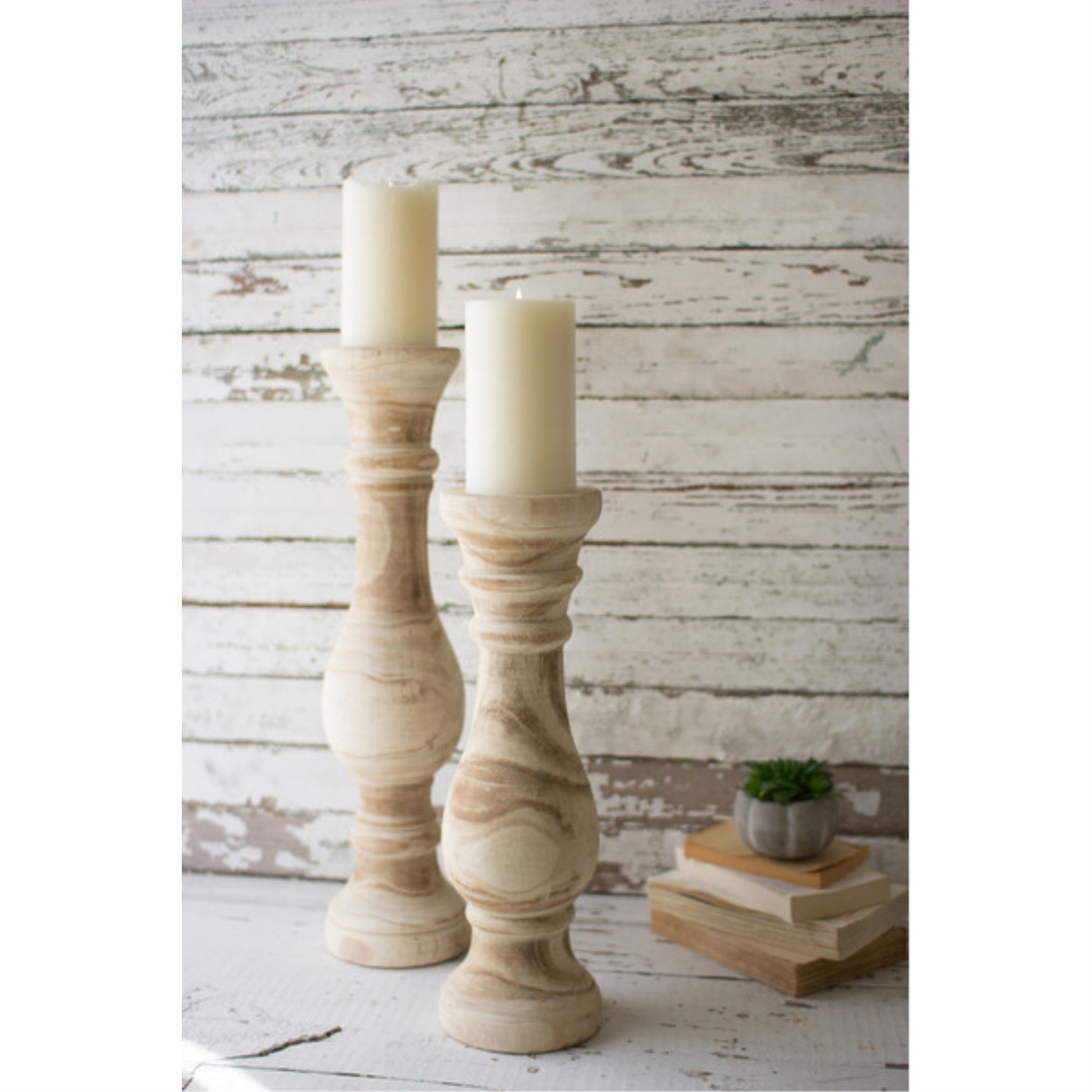 Set Of Two Hand Carved Wooden Candle Stands