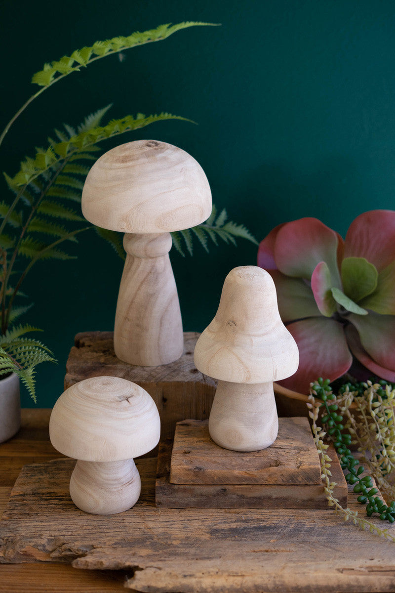 Set Of Three Natural Wooden Mushrooms