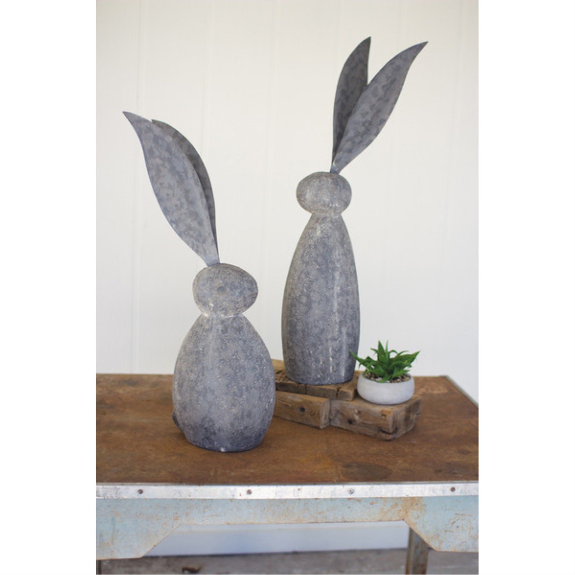 Faux Stone Rabbit With Tall Metal Ears - Short