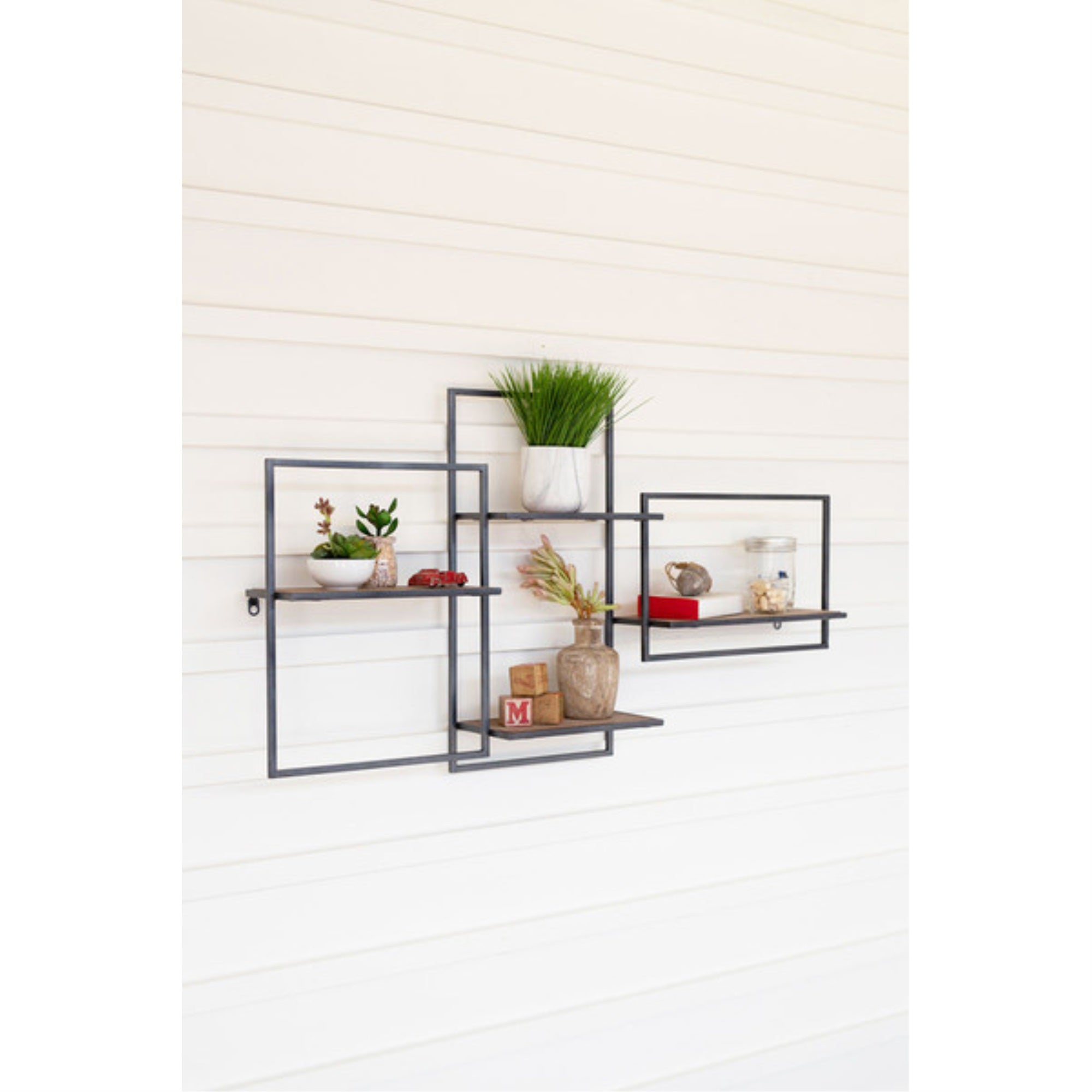 Multi Level Wood And Metal Wall Shelf
