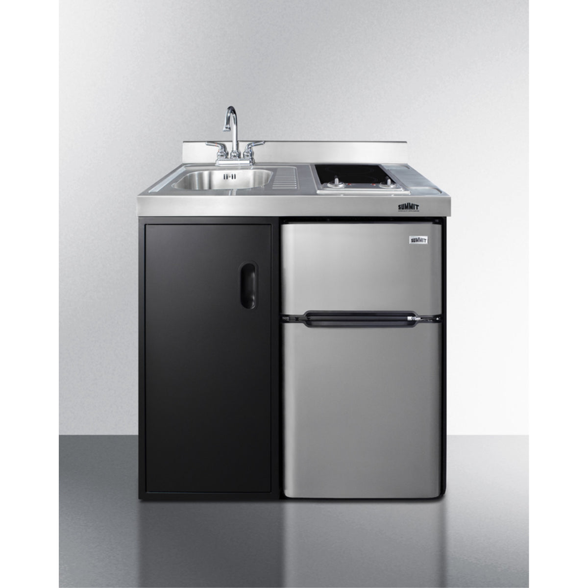 36'' Wide All-In-One Kitchenette With 2-Burner 115V Smooth-Top Cooktop, Refrigerator-Freezer, Sink, And Storage Cabinet