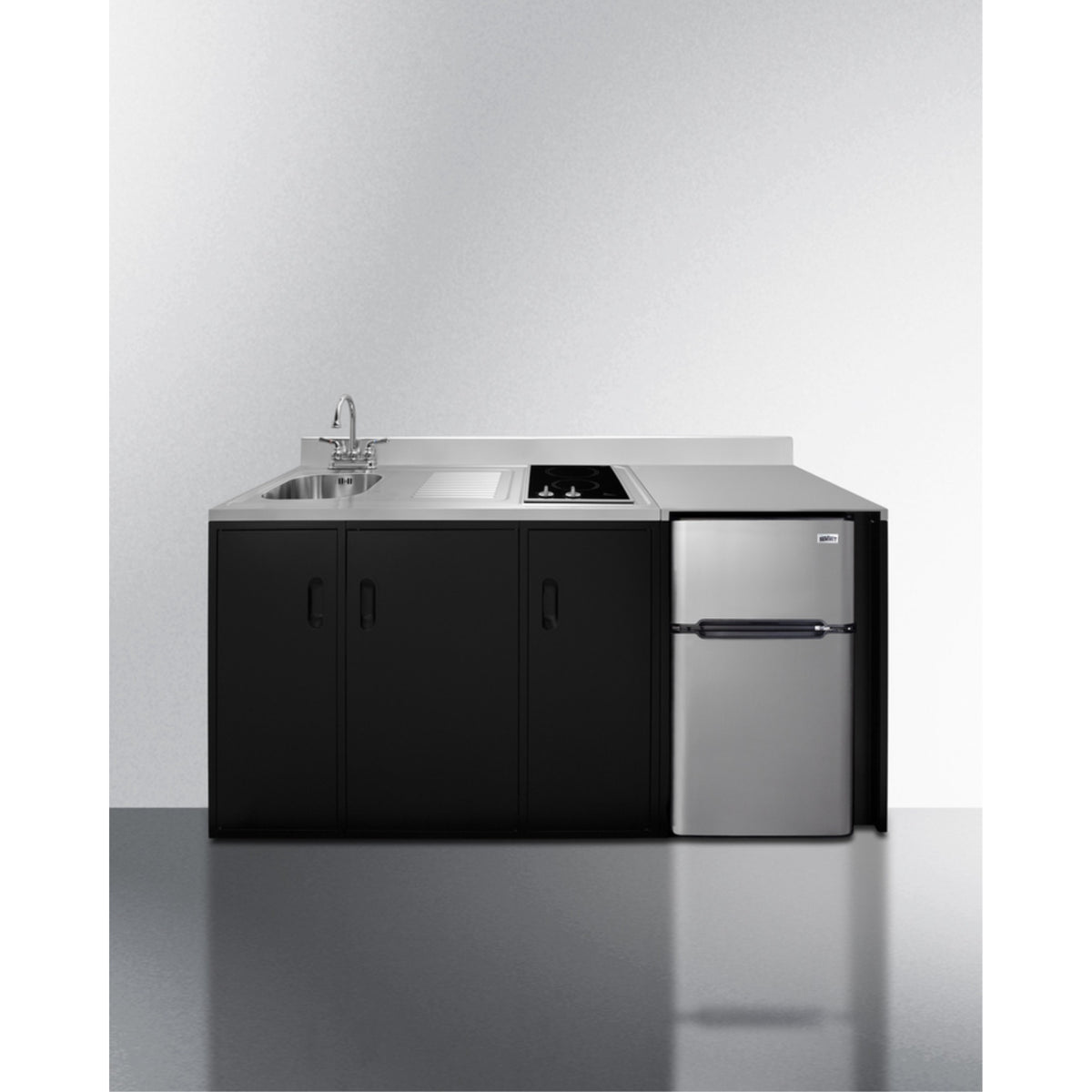72'' Wide Ada Height All-In-One Kitchenette With 2-Burner 115V Smooth-Top Cooktop, Refrigerator-Freezer, Sink On Left Side, And 