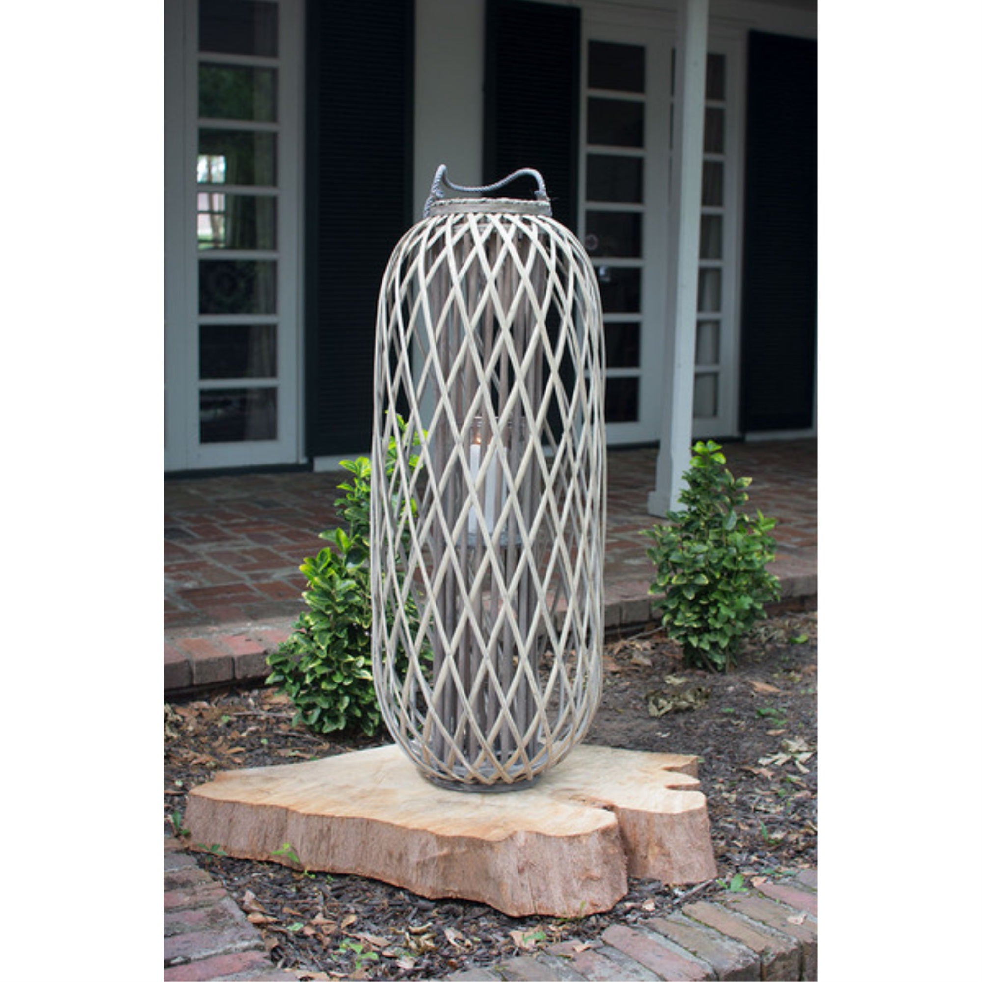 Tall Grey Willow Lantern With Glass - Large