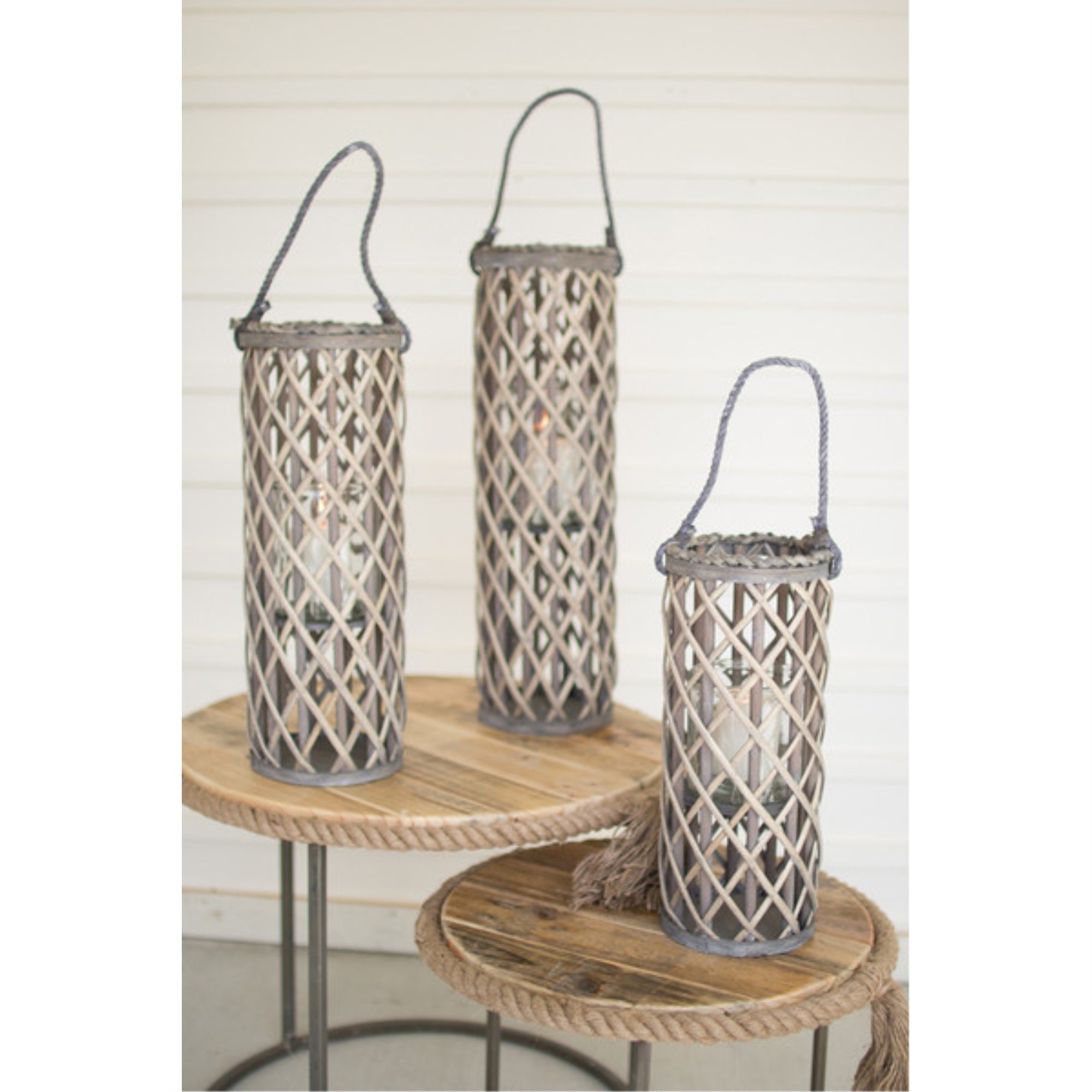 Set Of Three Willow Lanterns With Glass - Grey