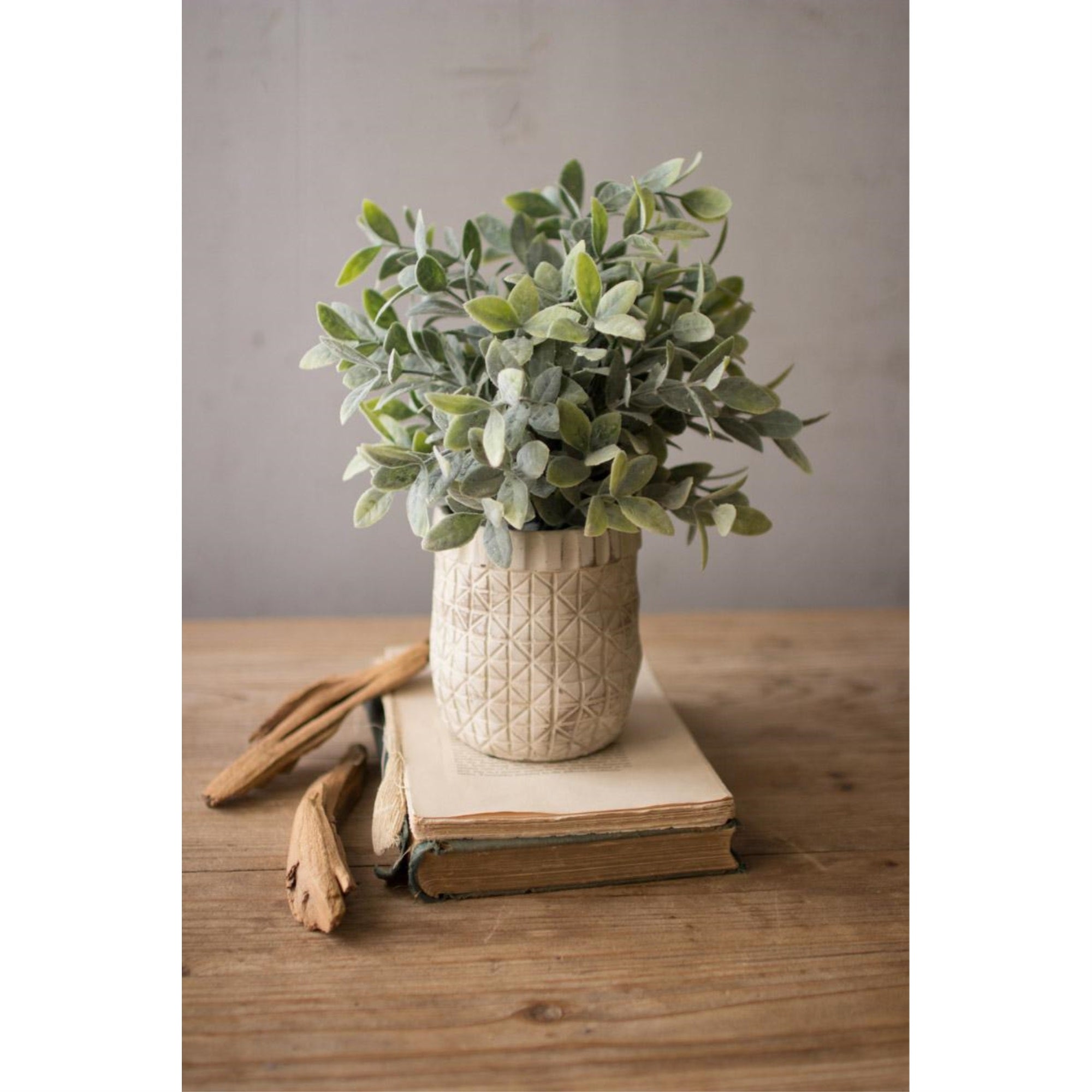 Artificial Sage With Criss Cross Rustic White Pot