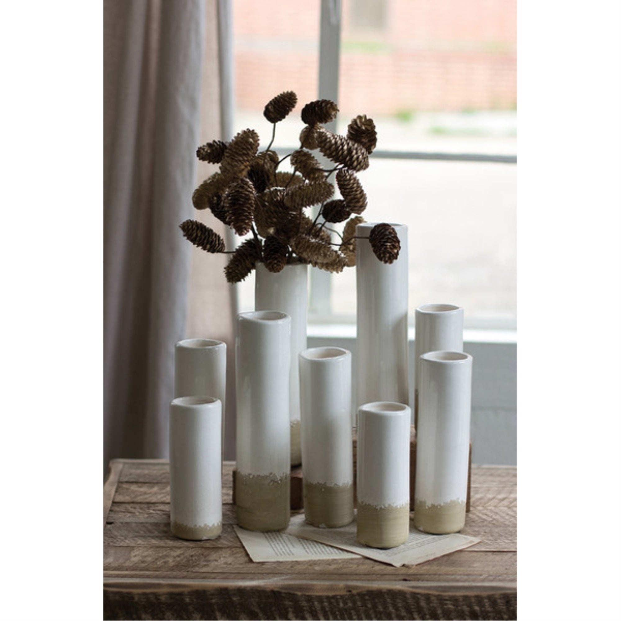 Set Of Nine White Ceramic Cylinder Bud Vases