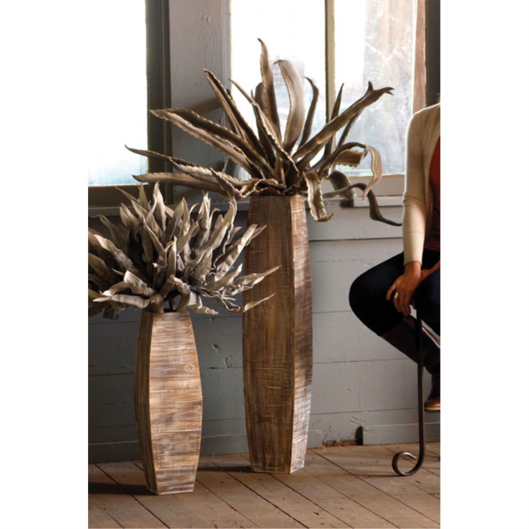 Set Of Two White-Washed Tall Oblong Wooden Vases